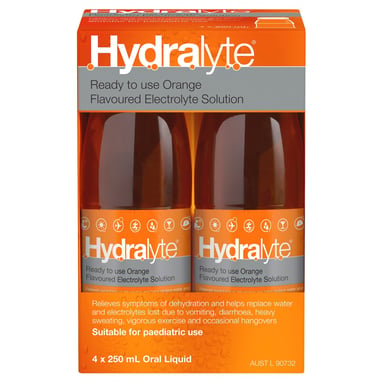 Hydralyte Ready to Use Liquid Orange Flavoured 250ml - 4 pack