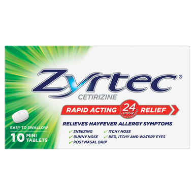 Zyrtec Rapid Acting Hayfever Allergy Relief Antihistamine Mini 10 Tablets