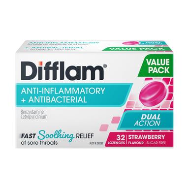 Difflam Sore Throat Lozenge Strawberry Value Pack 32 lozenges