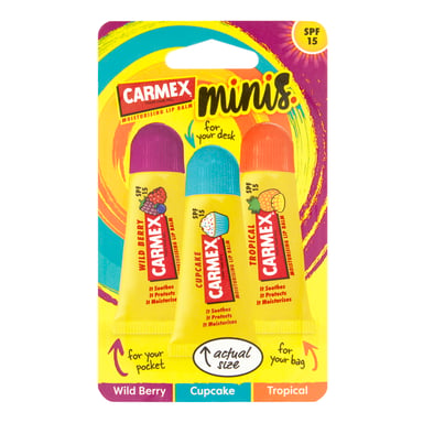 Carmex Minis Assorted SPF 15 Fun Tubes Wild Berry Cupcake Tropical 3 pack
