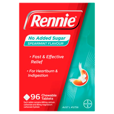 Rennie No Added Sugar Spearmint 96 chewable tablets