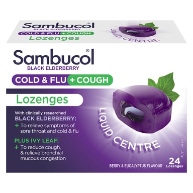 Sambucol Cold & Flu + Cough Medicated Liquid Center 24 Lozenges