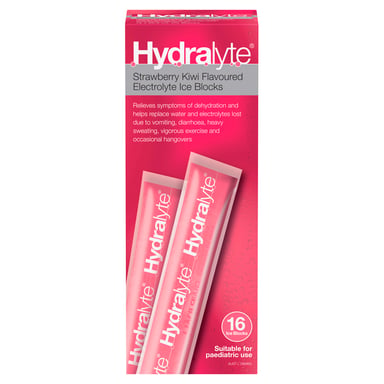 Hydralyte Electrolyte Ice Blocks Strawberry Kiwi Flavoured 62.5ml - 16 pack
