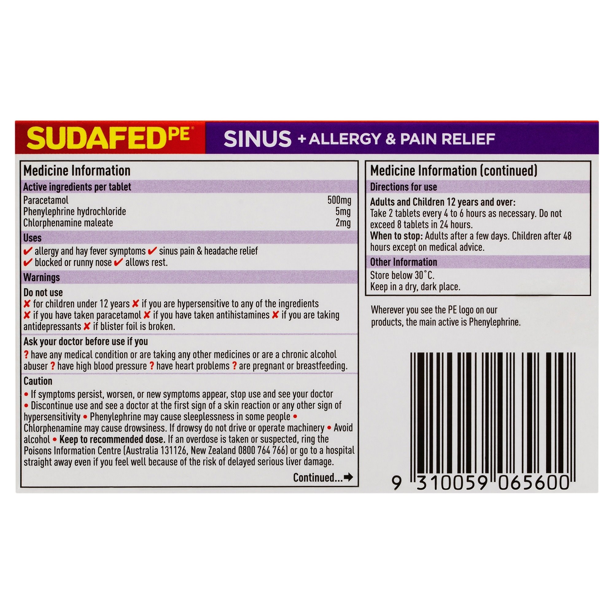 Sudafed PE Sinus + Allergy & Pain Relief 24 tablets - Image 2