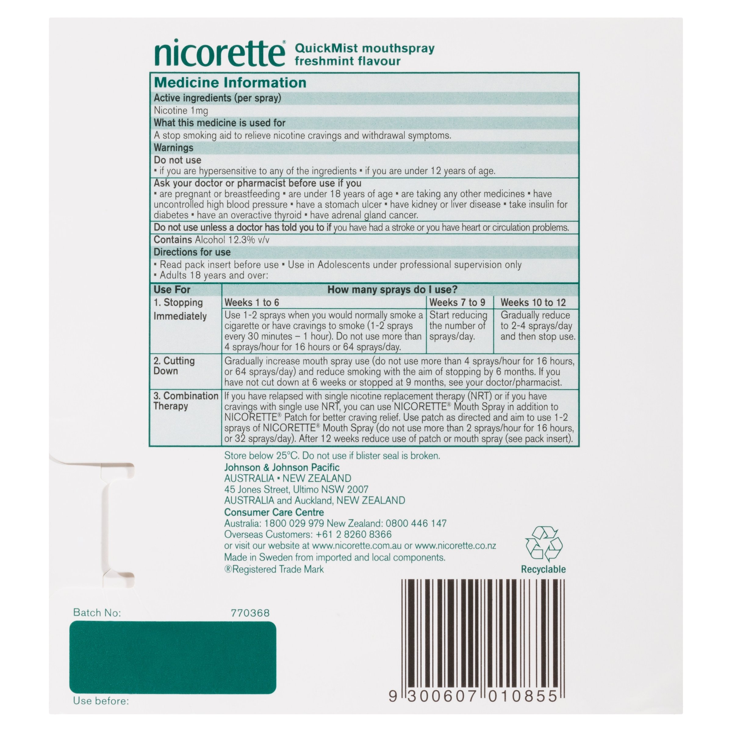 Nicorette Quick Mist Mouth Spray Freshmint 1mg 150 dose – 2 pack - Image 2