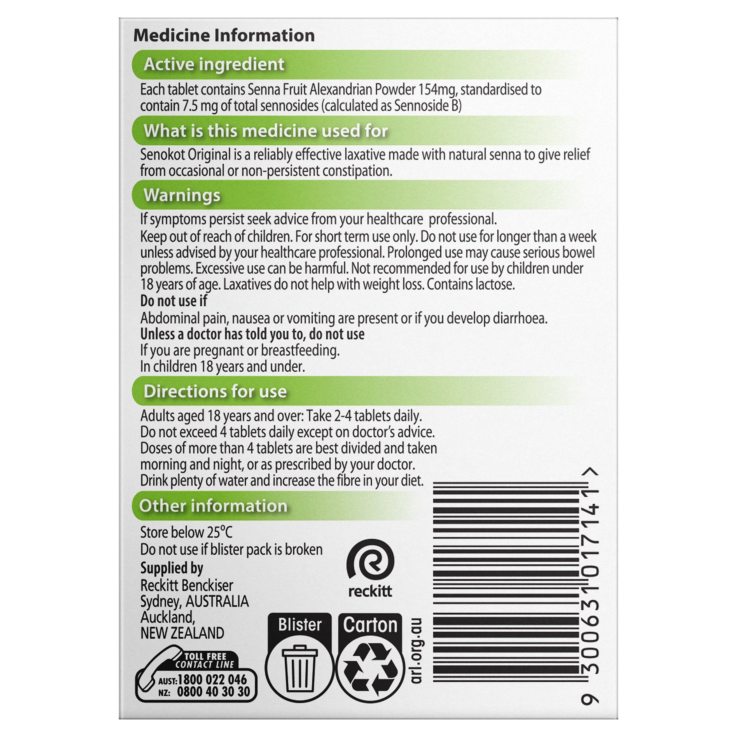Senokot Laxative With Natural Senna 7.5mg - 100 tablets - Image 2