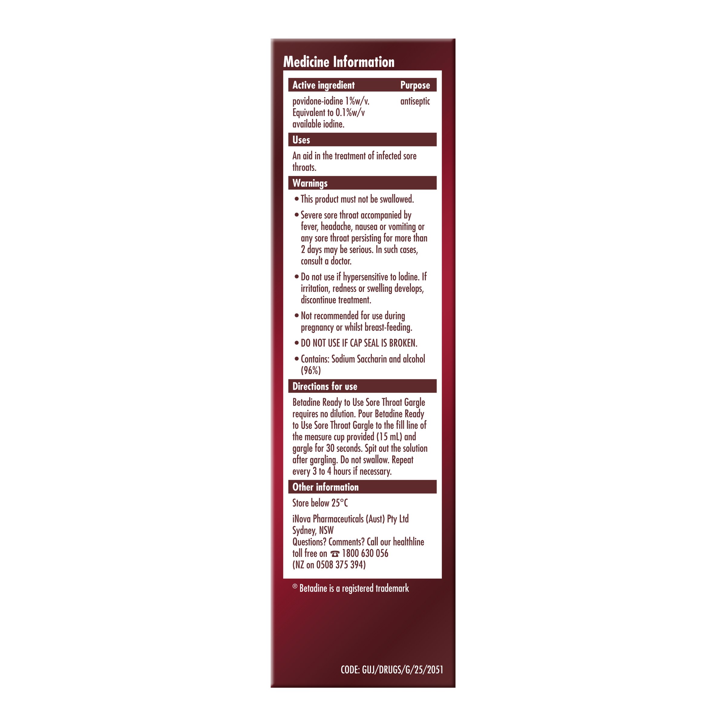 Betadine Sore Throat Gargle Ready To Use 120ml - Image 2