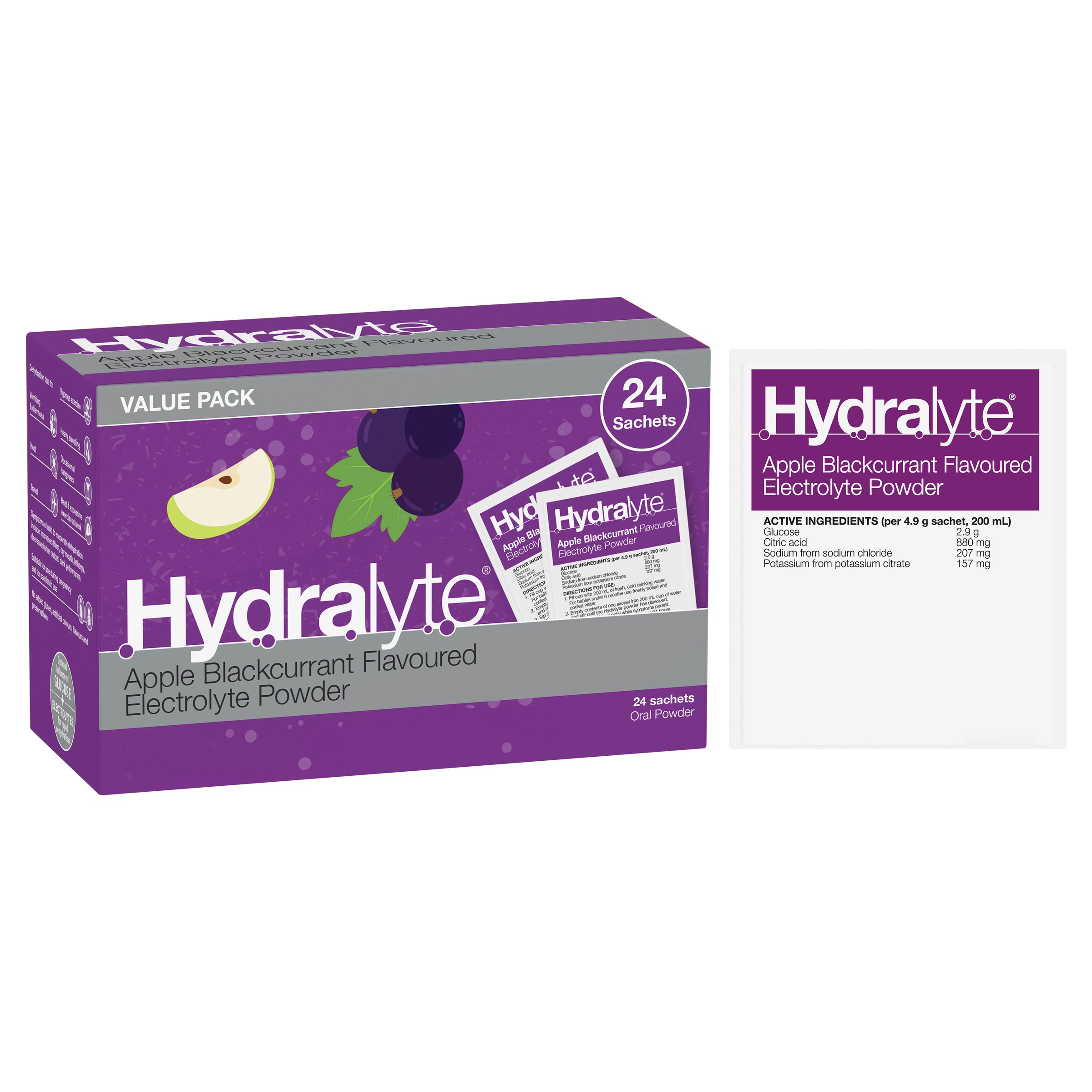 Hydralyte Electrolyte Powder Apple/Blackcurrant Value pack 24 Sachets - Image 6