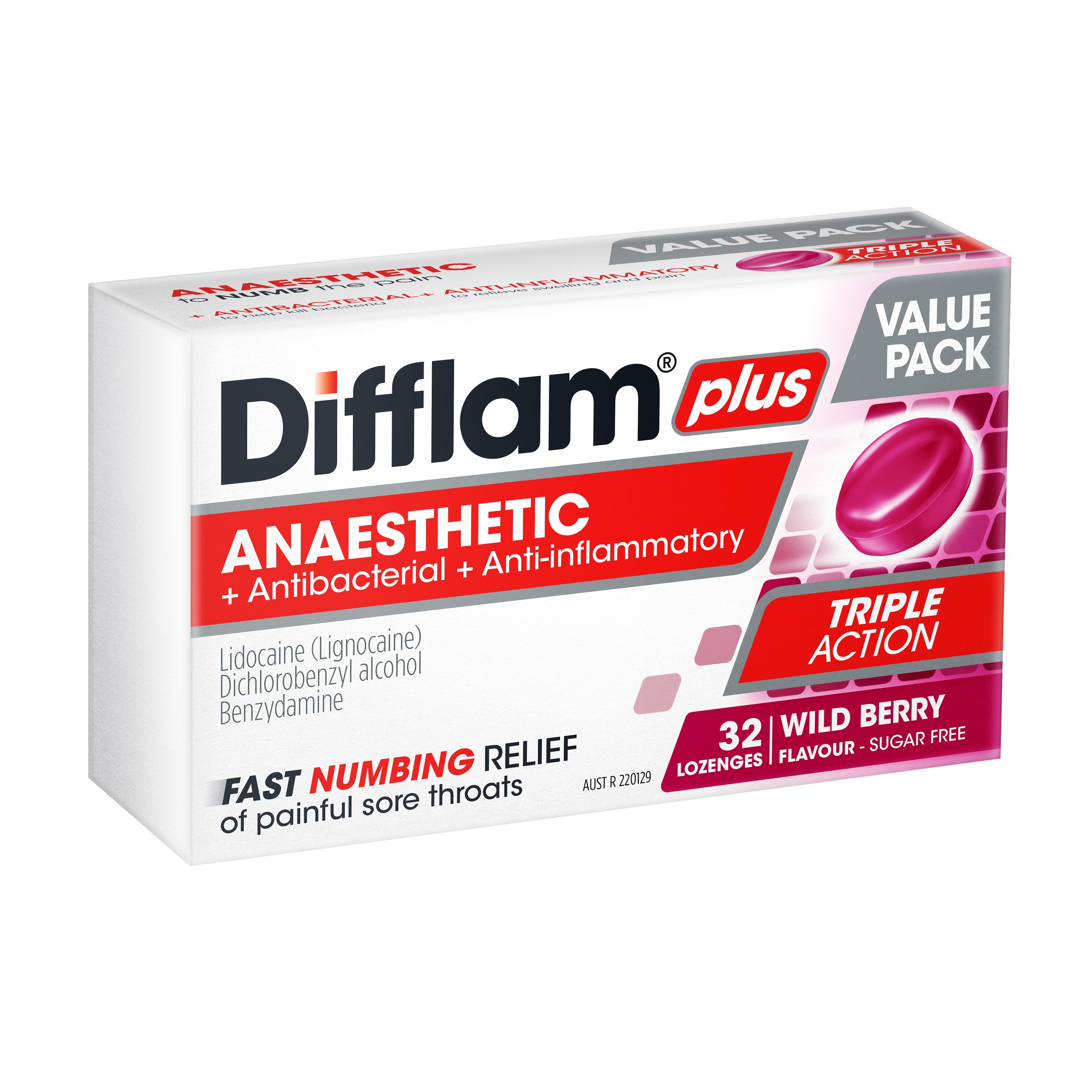 Difflam Plus Anaesthetic Triple Action Wild Berry 32 lozenges - Image 4