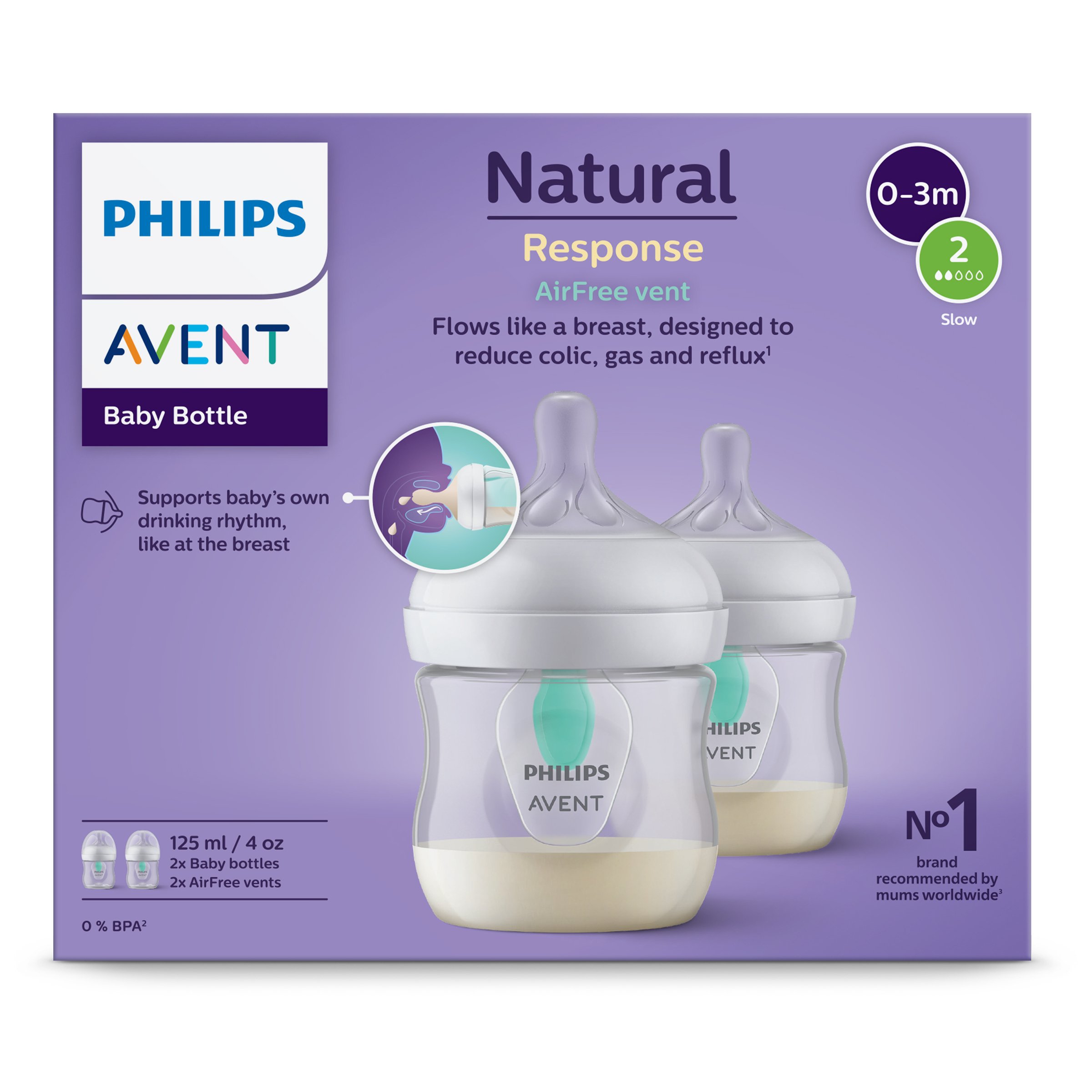 Avent Natural Response Bottles With Airfree Vent 125ml - 2 packs - Image 1