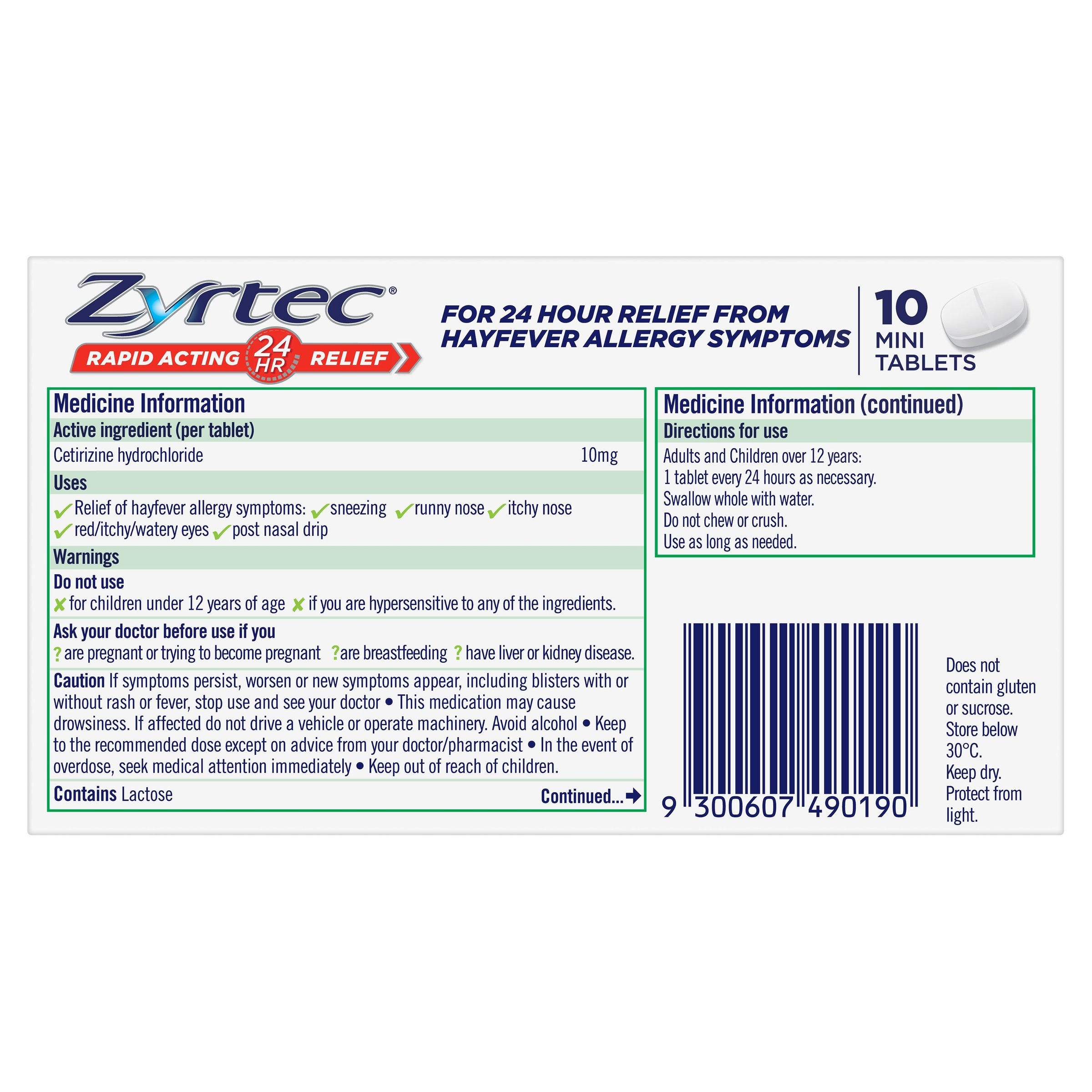 Zyrtec Rapid Acting Hayfever Allergy Relief Antihistamine Mini 10 Tablets - Image 2