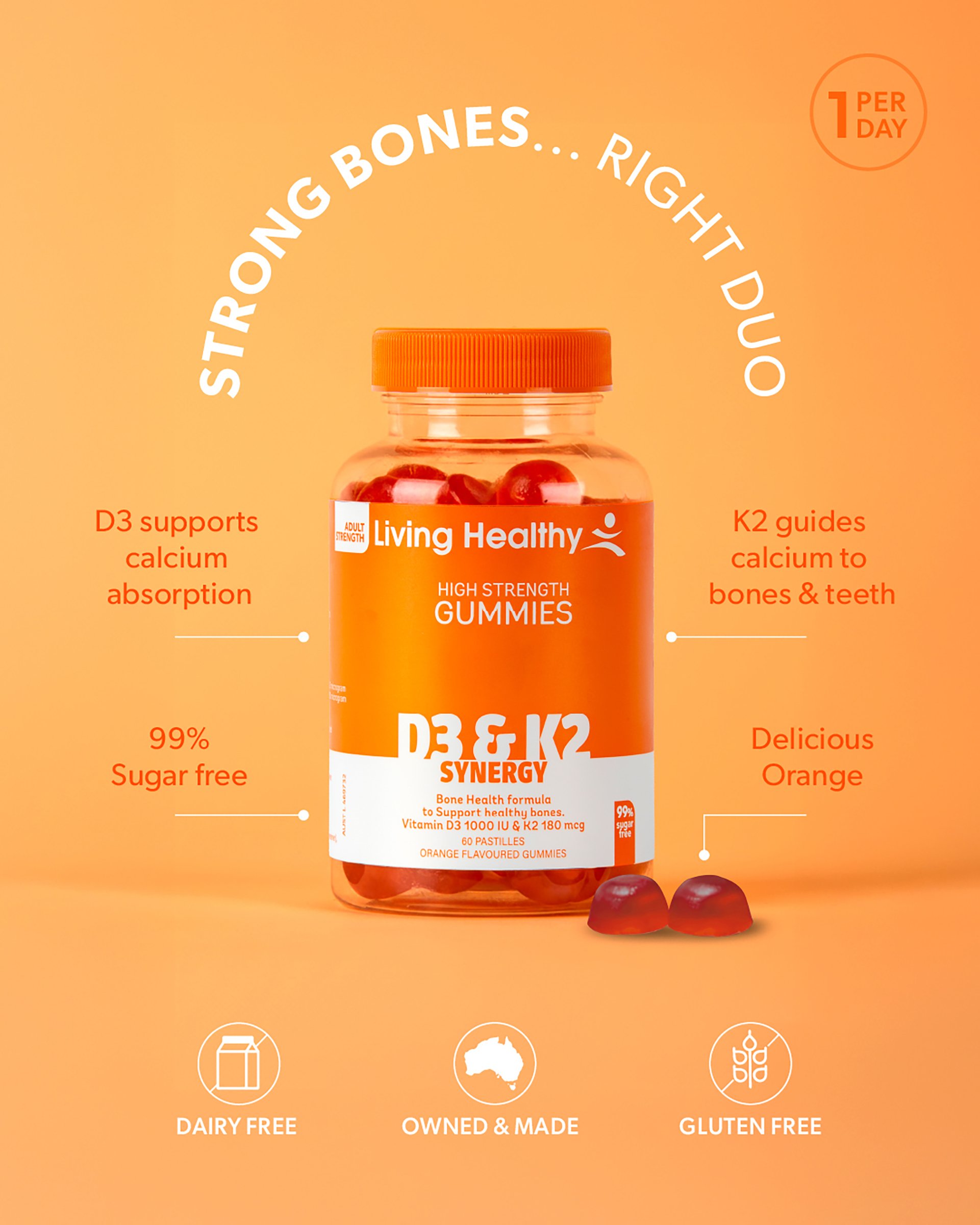 Living Healthy High Strength Gummies D3 & K2 Synergy 60 pastilles - Image 3