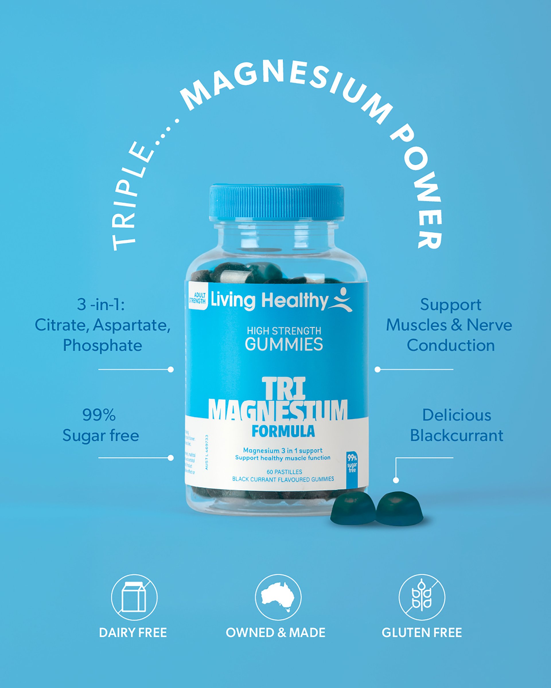 Living Healthy High Strength Gummies Tri Magnesium Formula 60 pastilles - Image 3