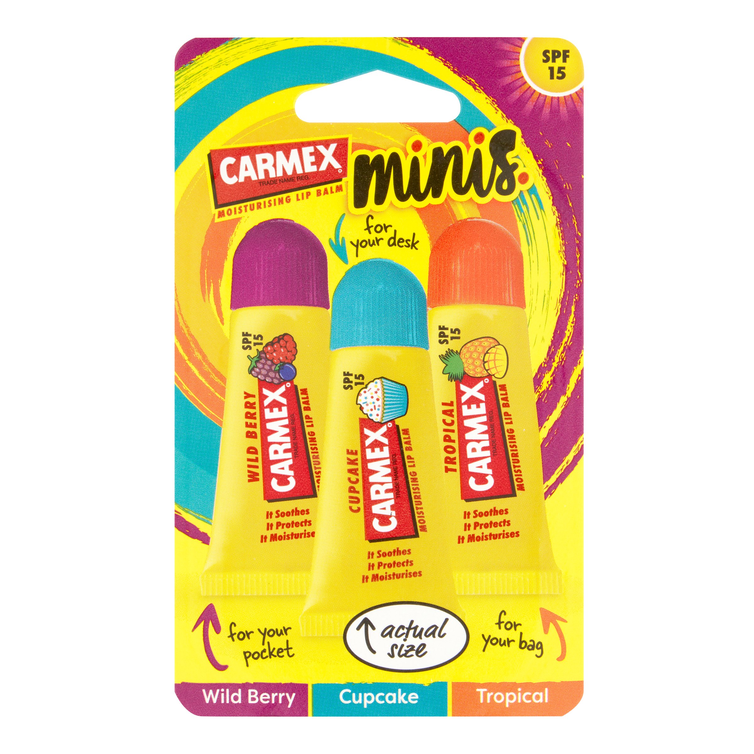 Carmex Minis Assorted SPF 15 Fun Tubes Wild Berry Cupcake Tropical 3 pack - Image 1