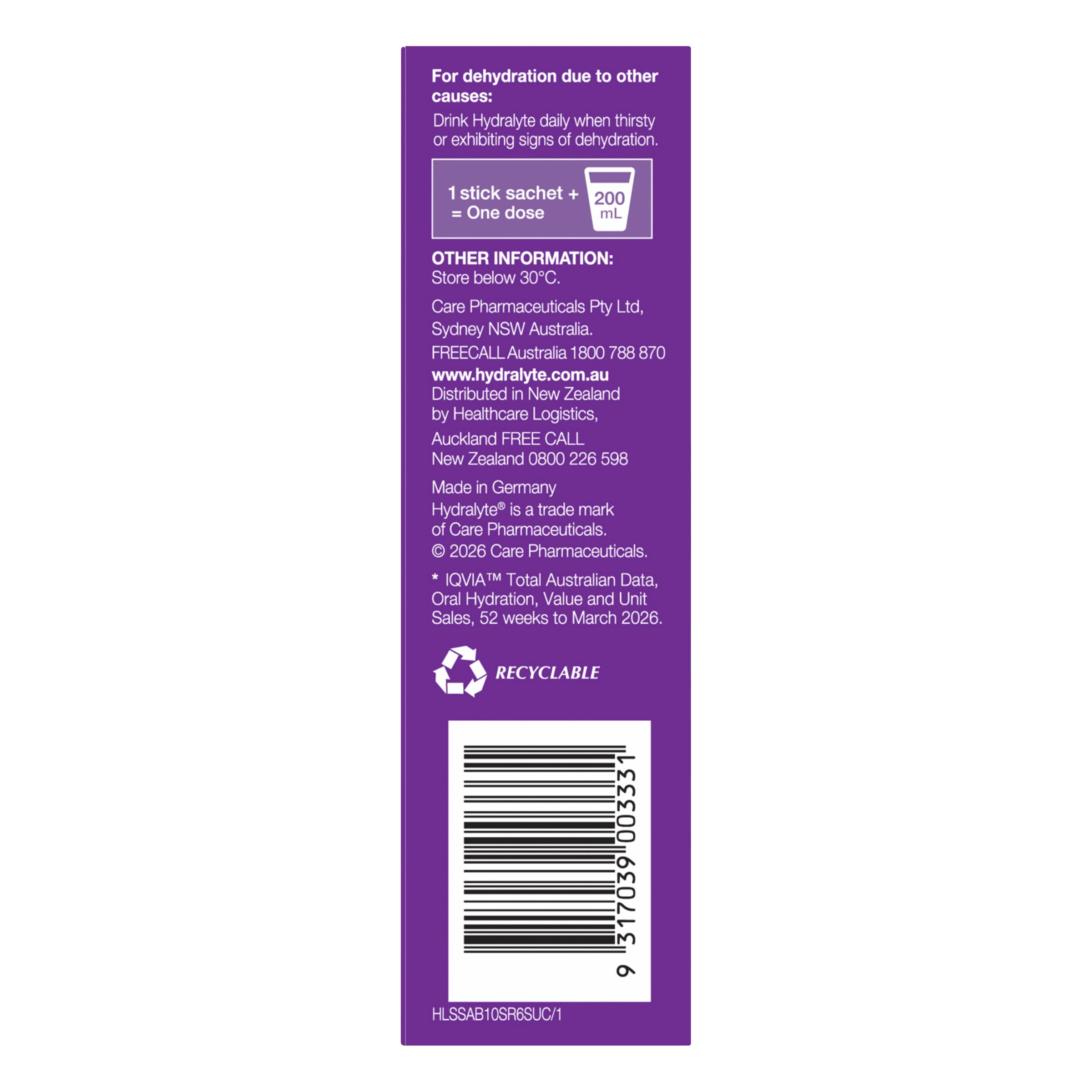 Hydralyte Stick Sachets Apple Blackcurrant Electrolyte Powder 10 pack - Image 3