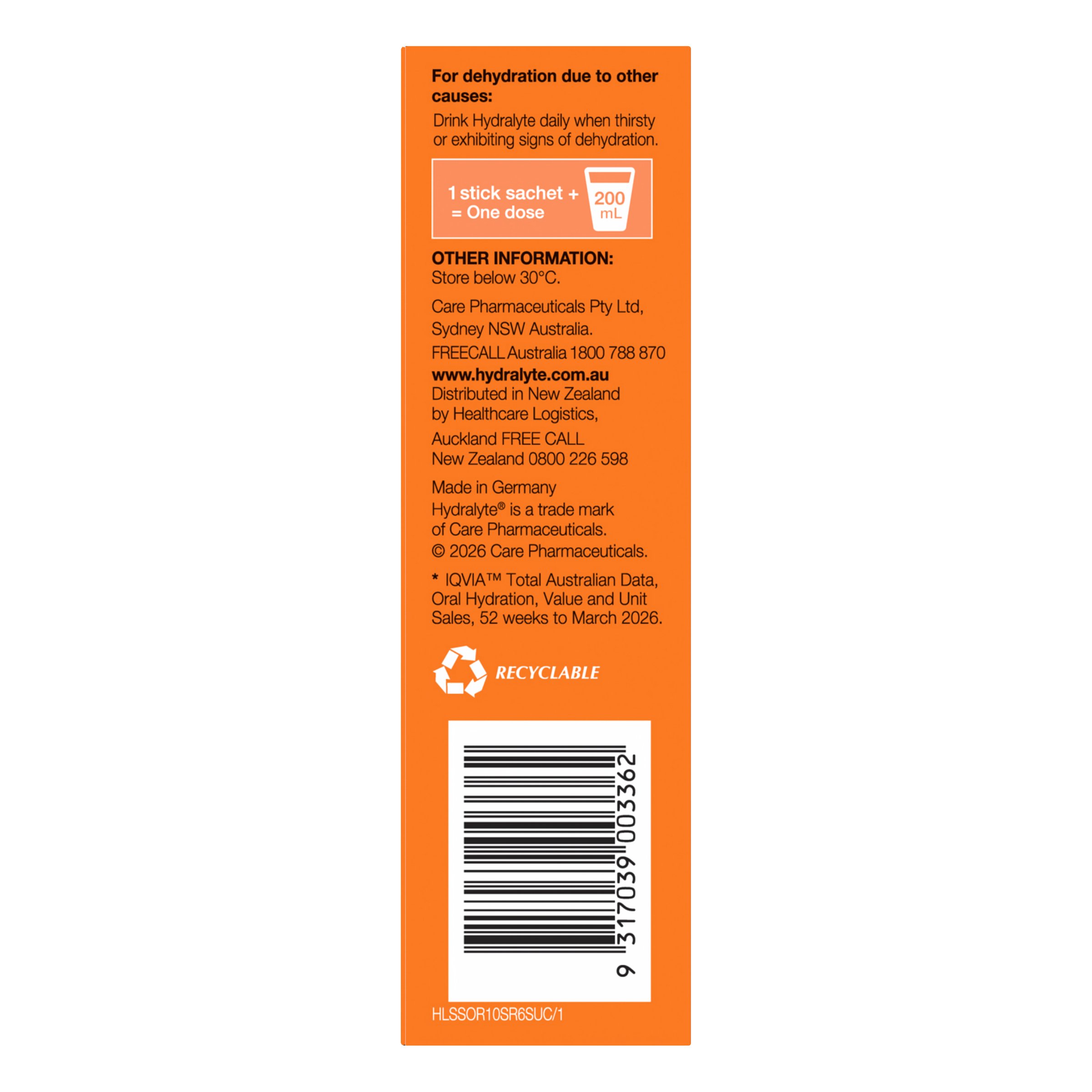 Hydralyte Stick Sachets Orange Electrolyte Powder 10 pack - Image 3