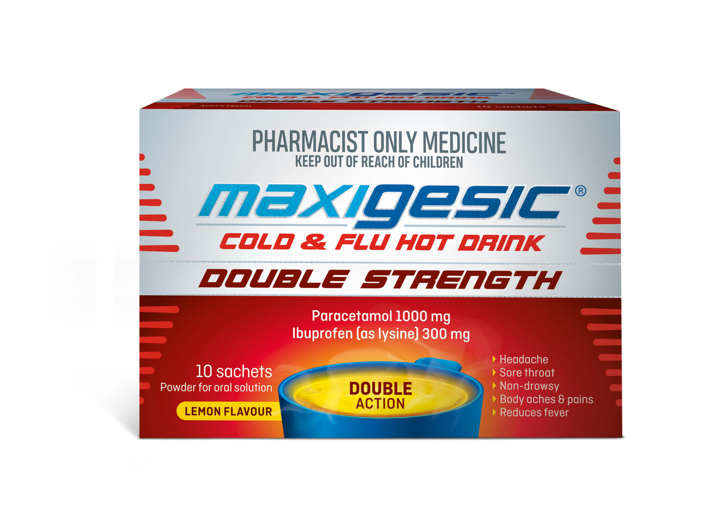 Maxigesic Cold & Flu Hot Drink Double Strength 1000mg/300mg - 10 sachets - Image 2