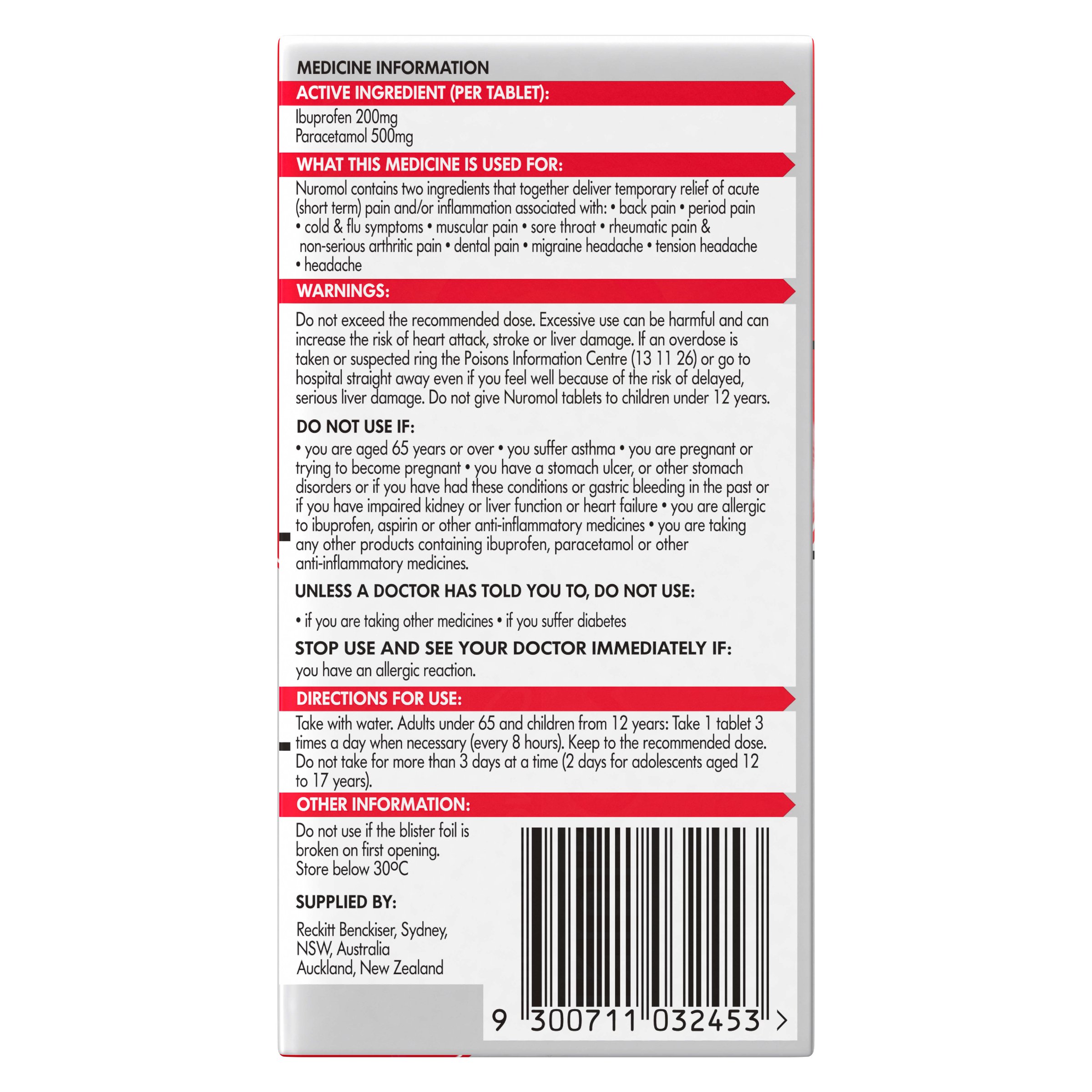 Nuromol Ibuprofen 200mg & Paracetamol 500mg - 12 tablets - Image 2