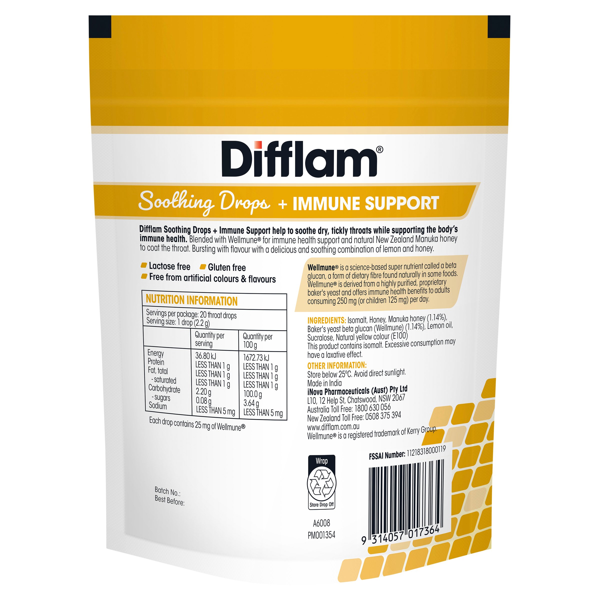 Difflam Soothing Drops + Immune Support Honey & Lemon 20 lozenges - Image 2
