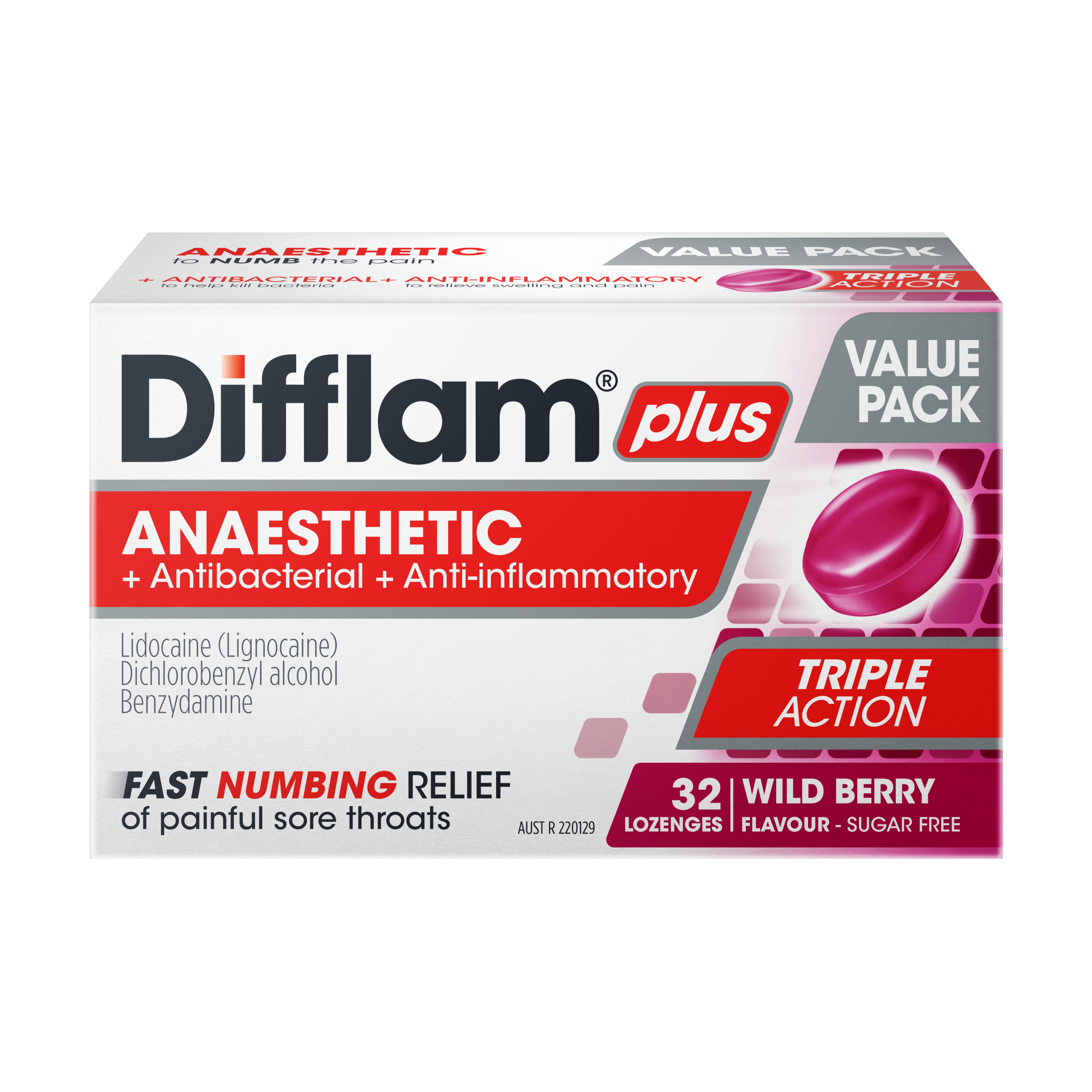 Difflam Plus Anaesthetic Triple Action Wild Berry 32 lozenges - Image 3