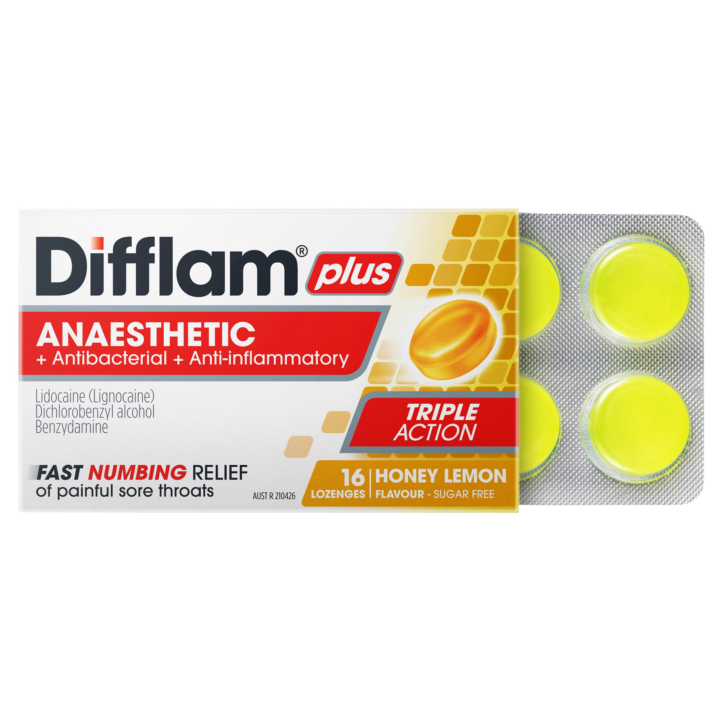 Difflam Plus Anaesthetic Triple Action Honey & Lemon 16 lozenges - Image 6