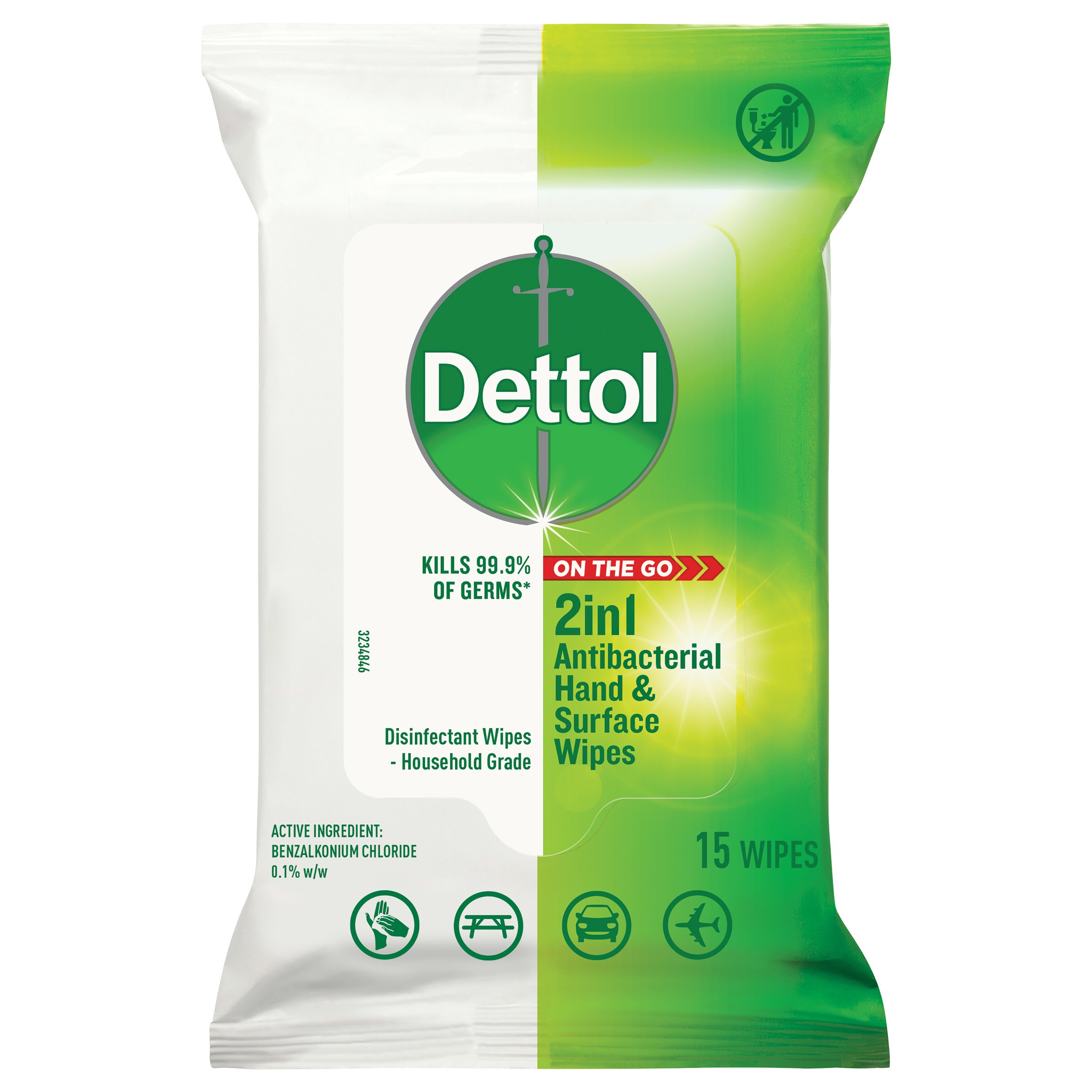 Dettol 2 In 1 Hand & Surfaces Antibacterial Wipes 15 pack - Image 1