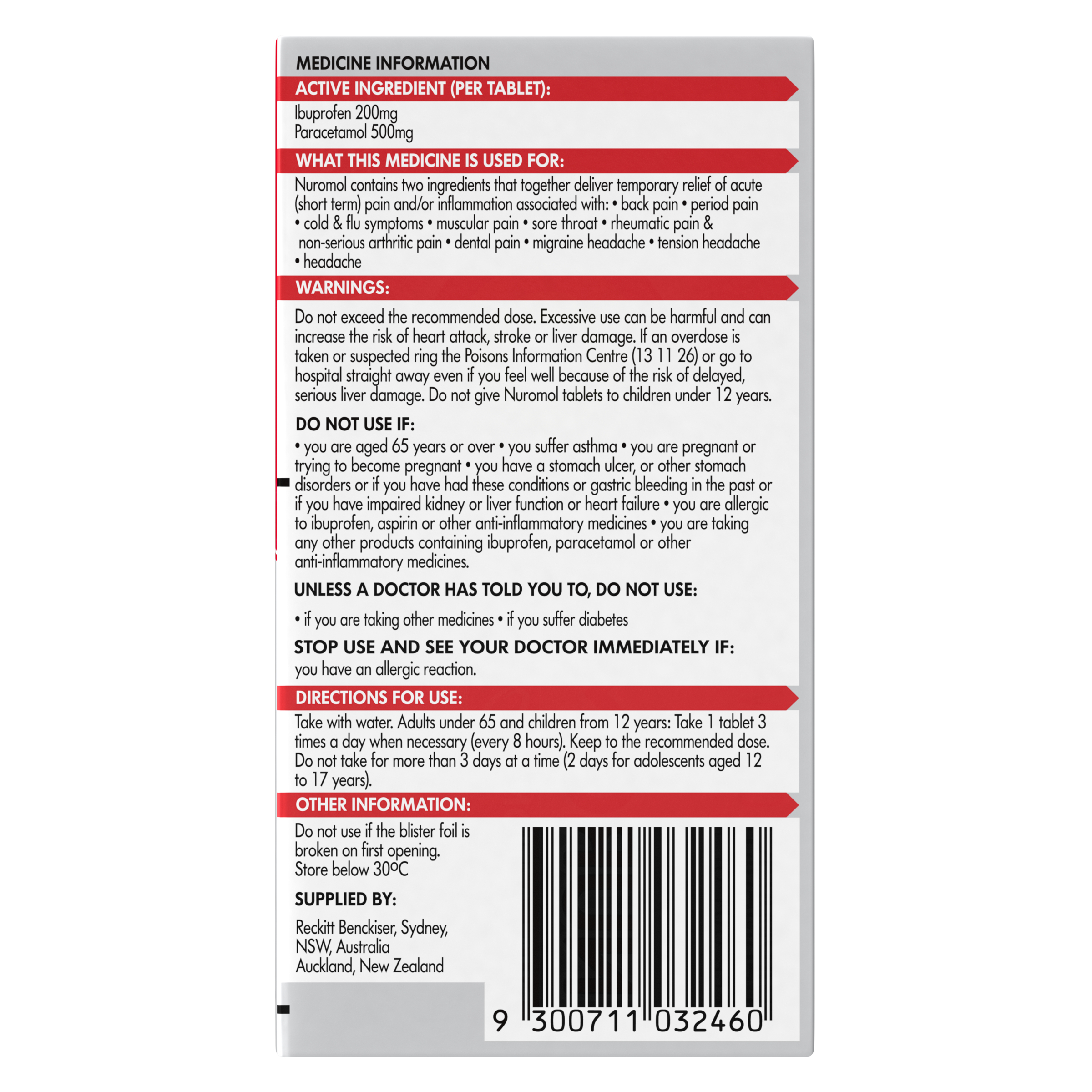 Nuromol Ibuprofen 200mg & Paracetamol 500mg - 24 tablets - Image 2