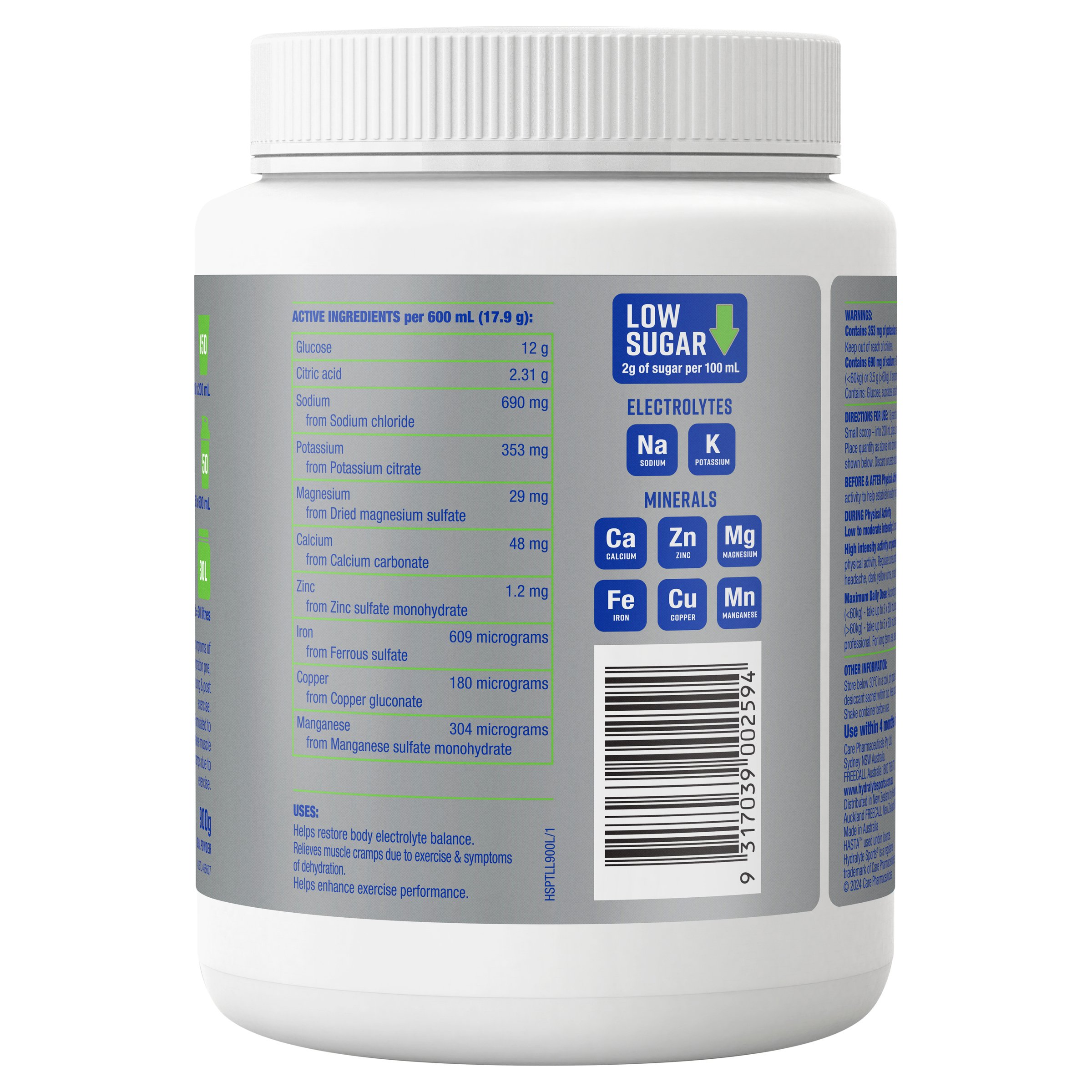Hydralyte Plus Sports Lemon Lime Flavoured Powder Tub 900g - Image 3