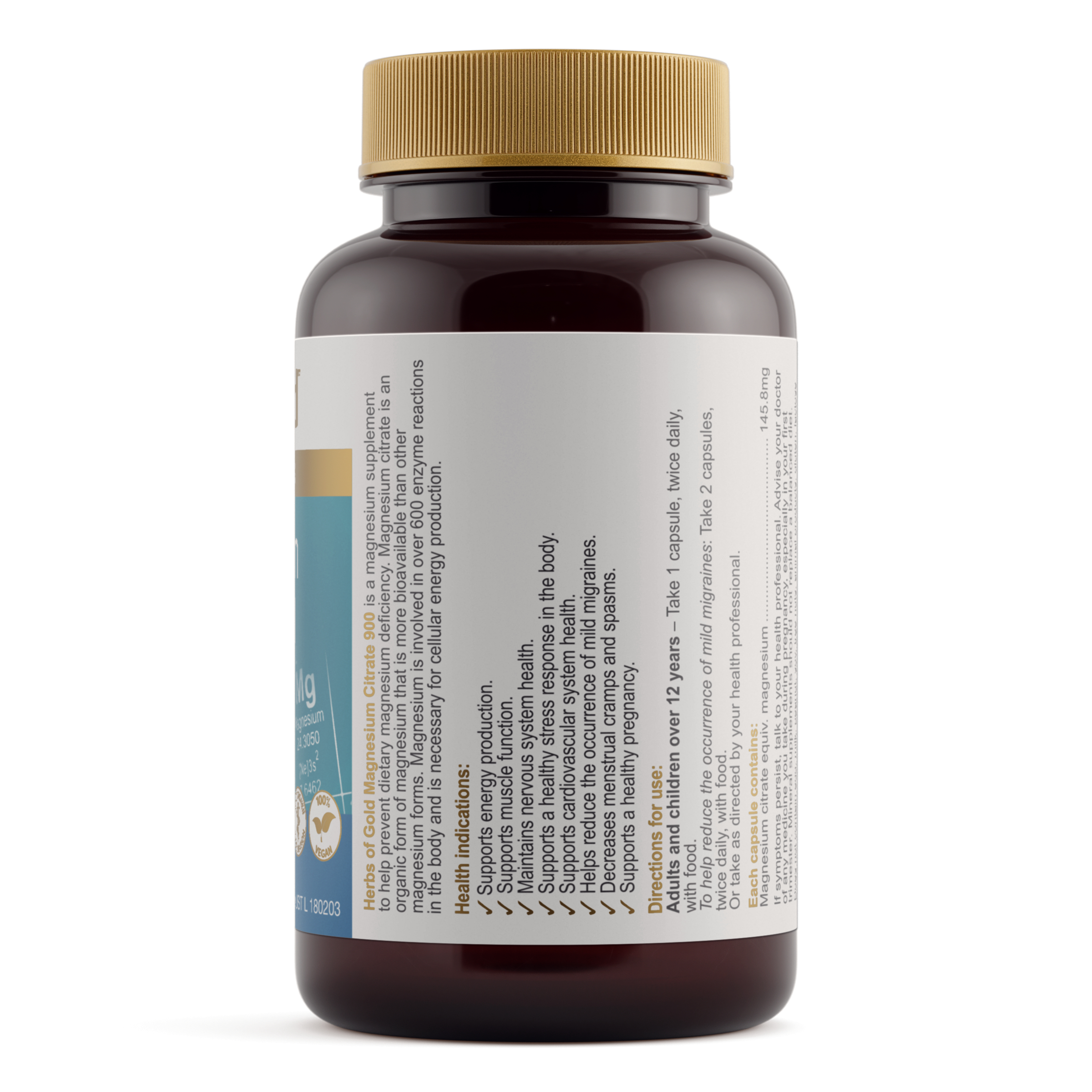 Herbs of Gold Magnesium Citrate 900 - 60 vegetarian capsules - Image 2