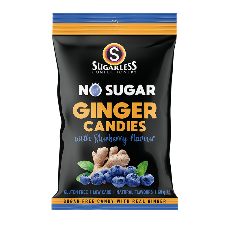 Sugarless Sugarfree Ginger Candies With Blueberry Flavour 60g