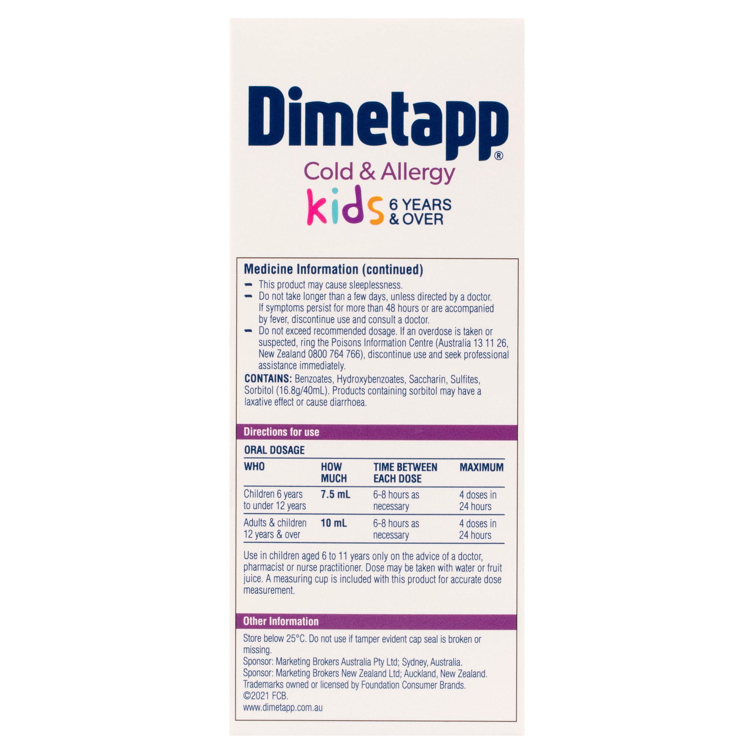 Dimetapp Kids 6 Years and Over Cold & Allergy Sugar Free Grape Flavour 200ml - Image 2