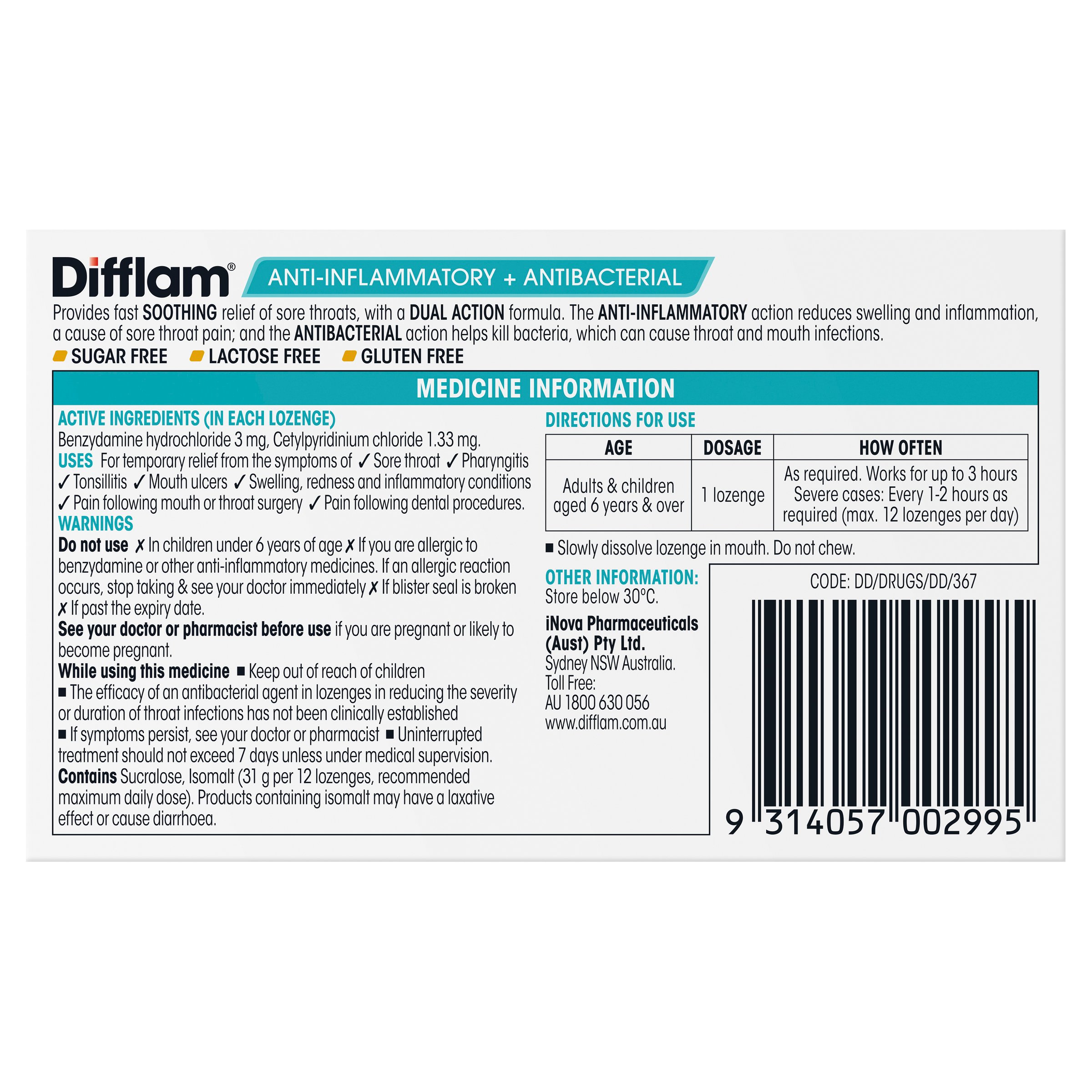 Difflam Honey Lemon Sugar Free 16 lozenges - Image 2
