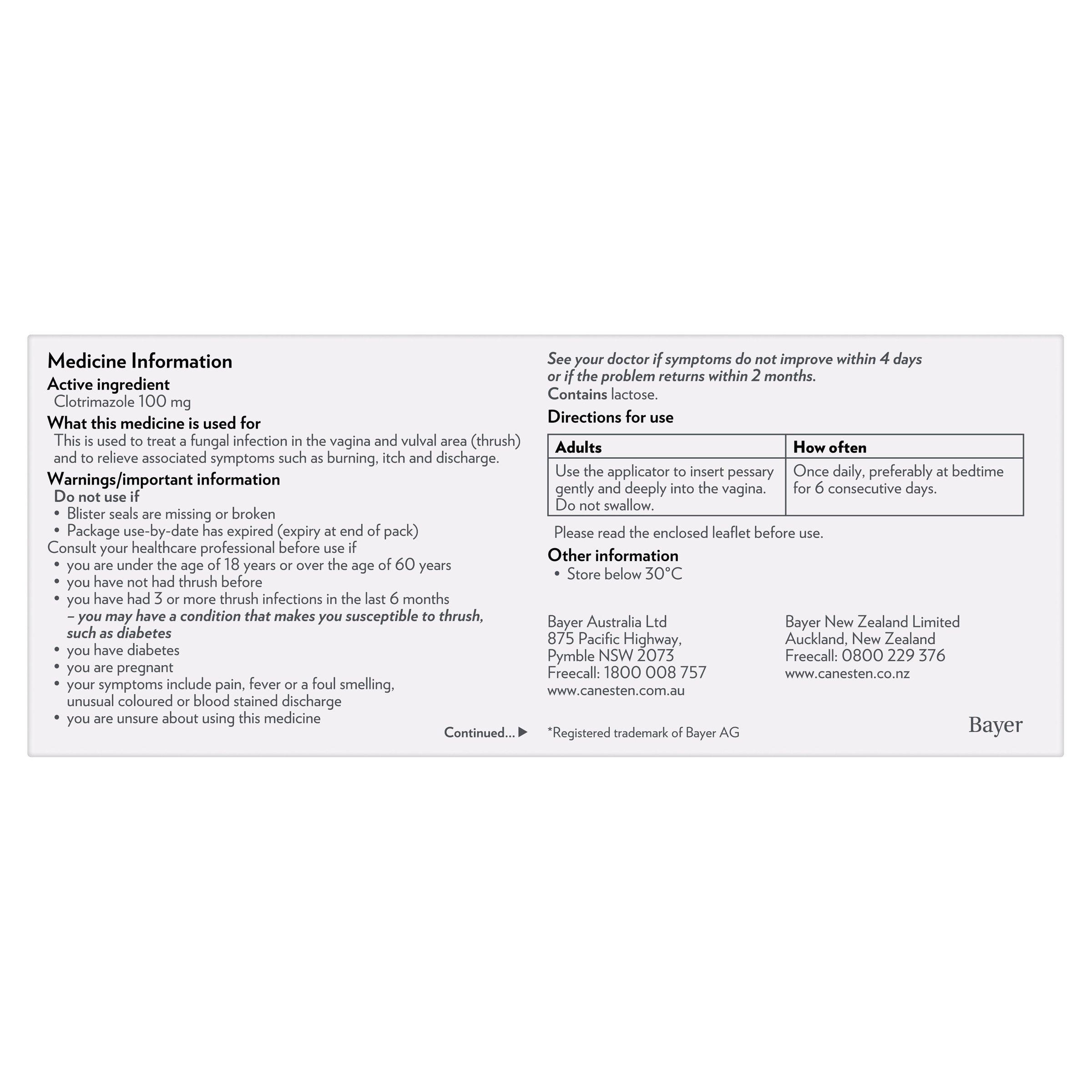 Canesten Vaginal 6 Day Pessary 100mg - 6 pessaries - Image 2