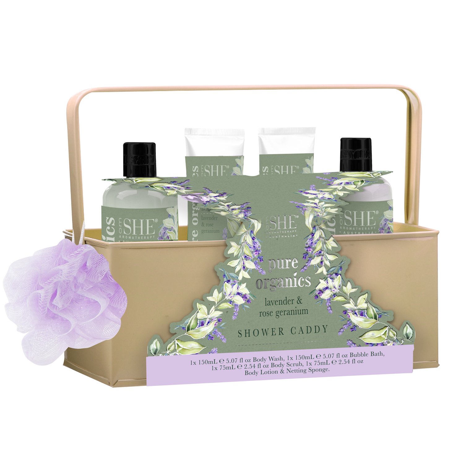 She Aromatherapy Pure Organics Shower Caddy Lavender & Rose Geranium 4 piece
