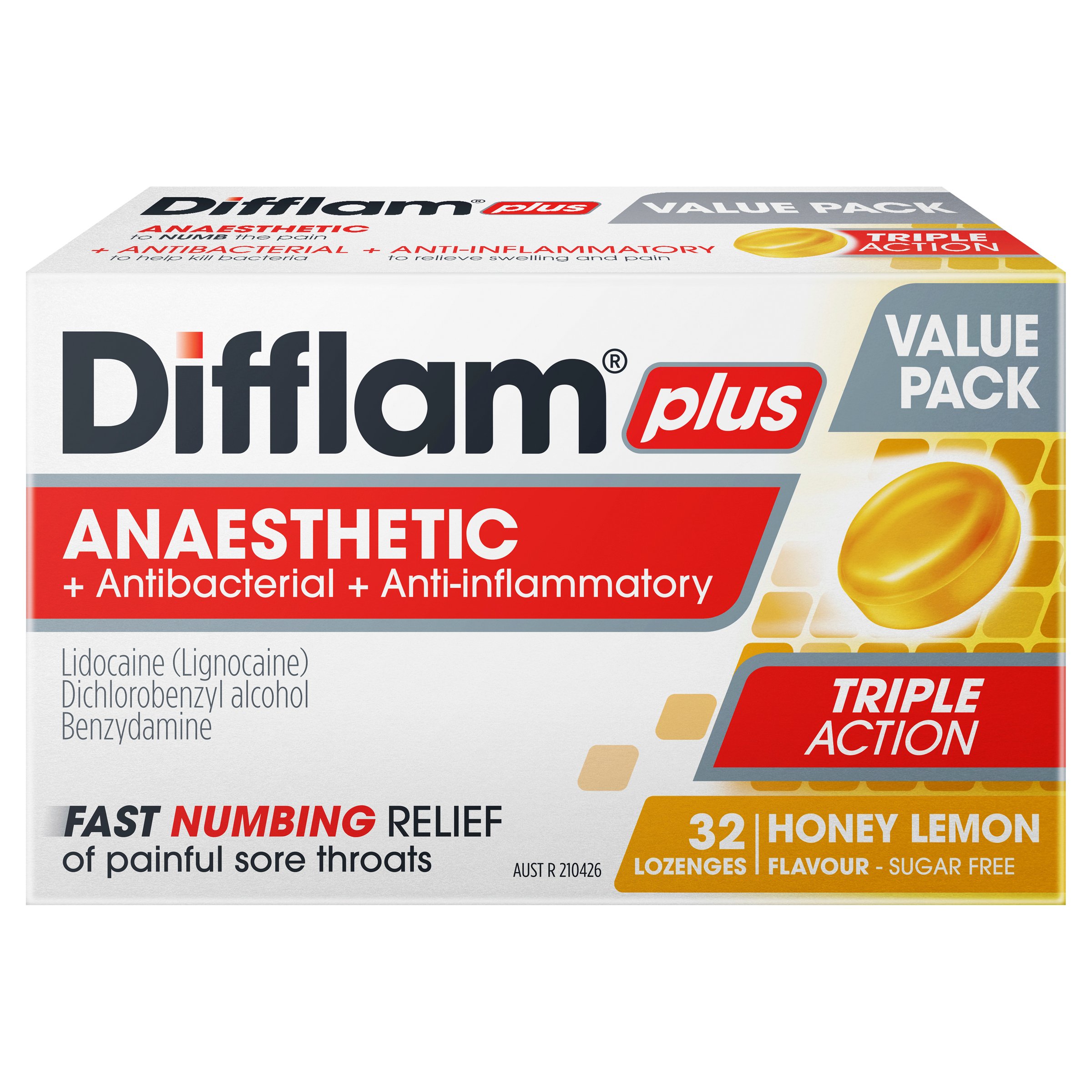 Difflam Plus Anaesthetic Triple Action Honey & Lemon 32 lozenges - Image 1