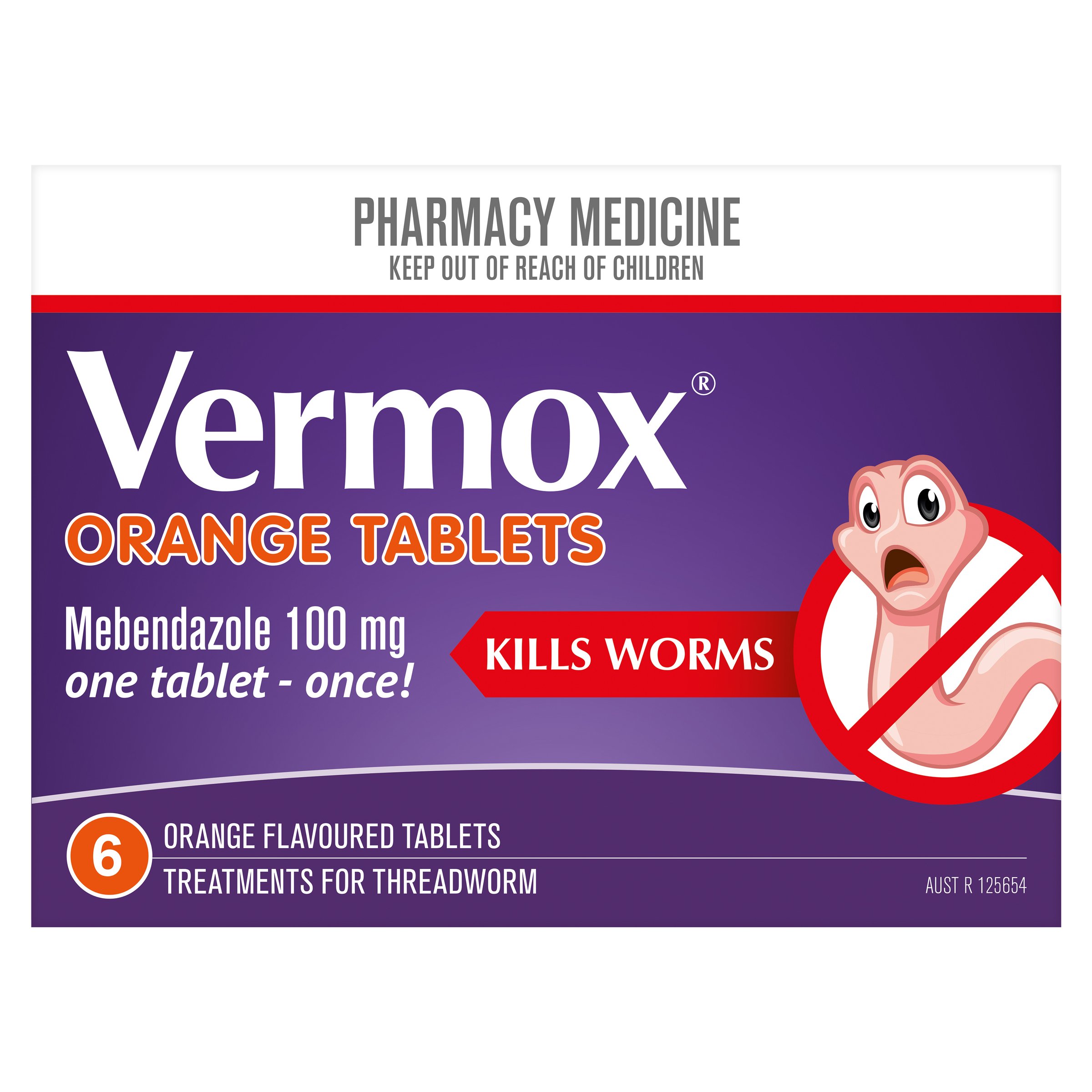 Vermox Treatment For Threadworm Orange Flavoured 6 Tablets - Image 1