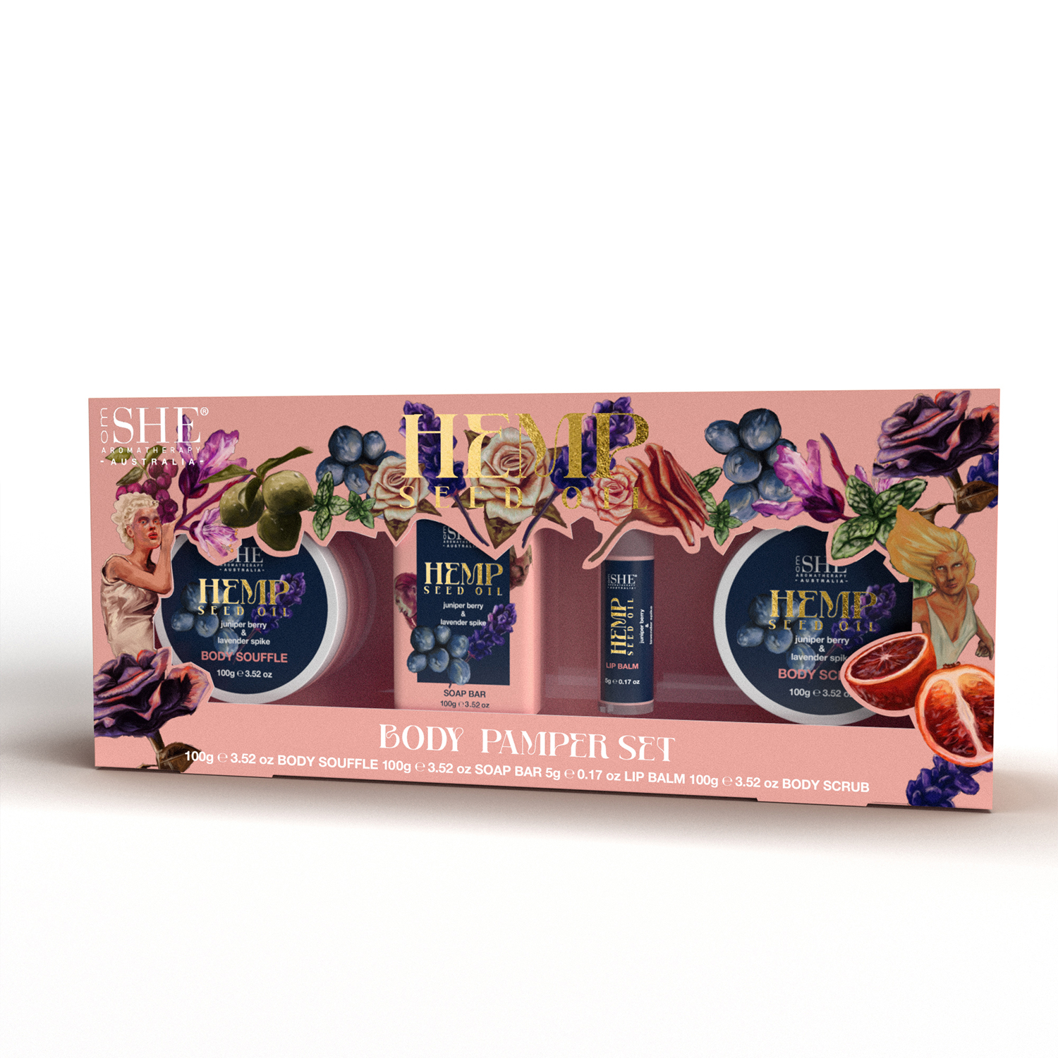 She Aromatherapy Hemp Body Pamper Set Juniper Berry & Lavender Spike 4 piece