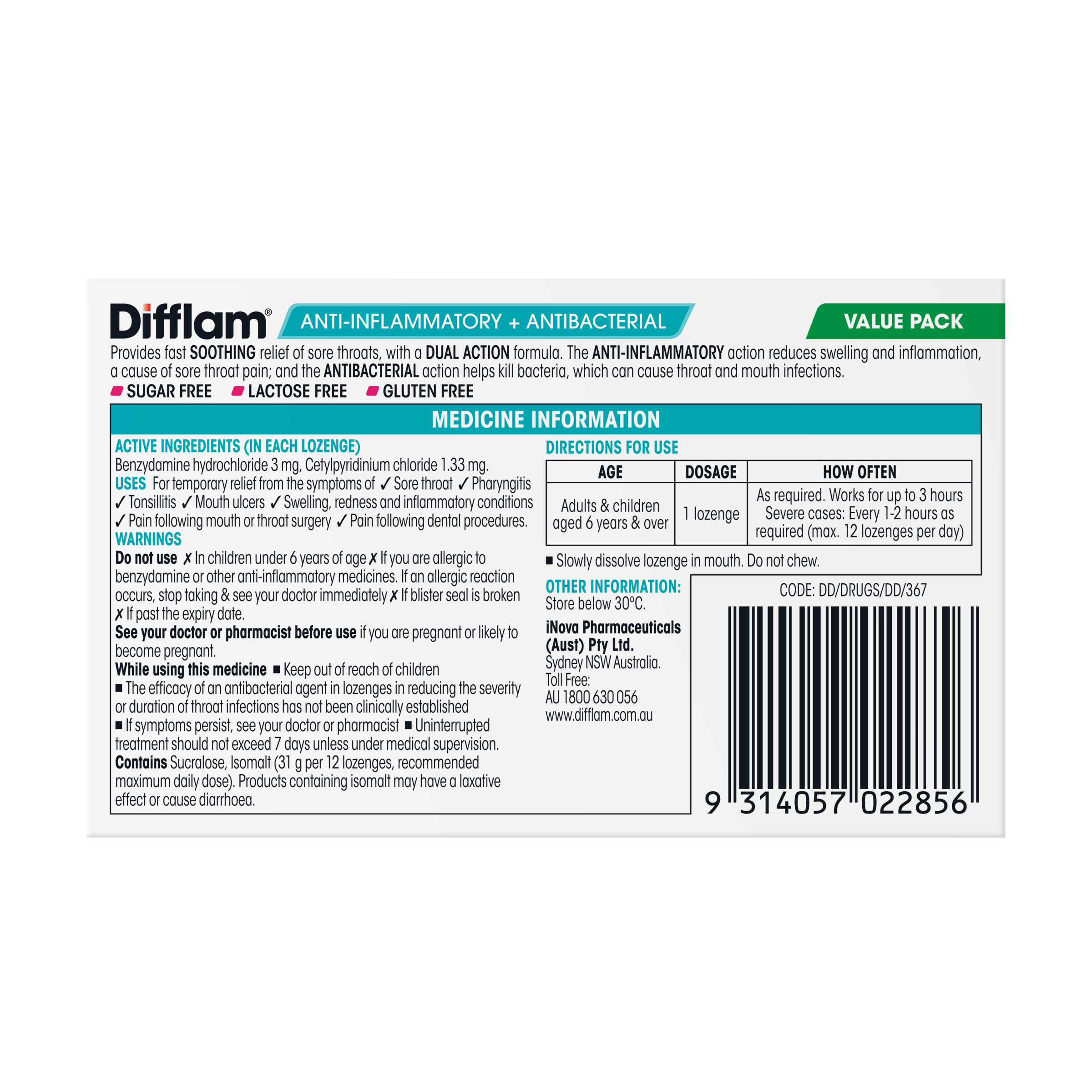 Difflam Sore Throat Lozenge Strawberry Value Pack 32 lozenges - Image 2