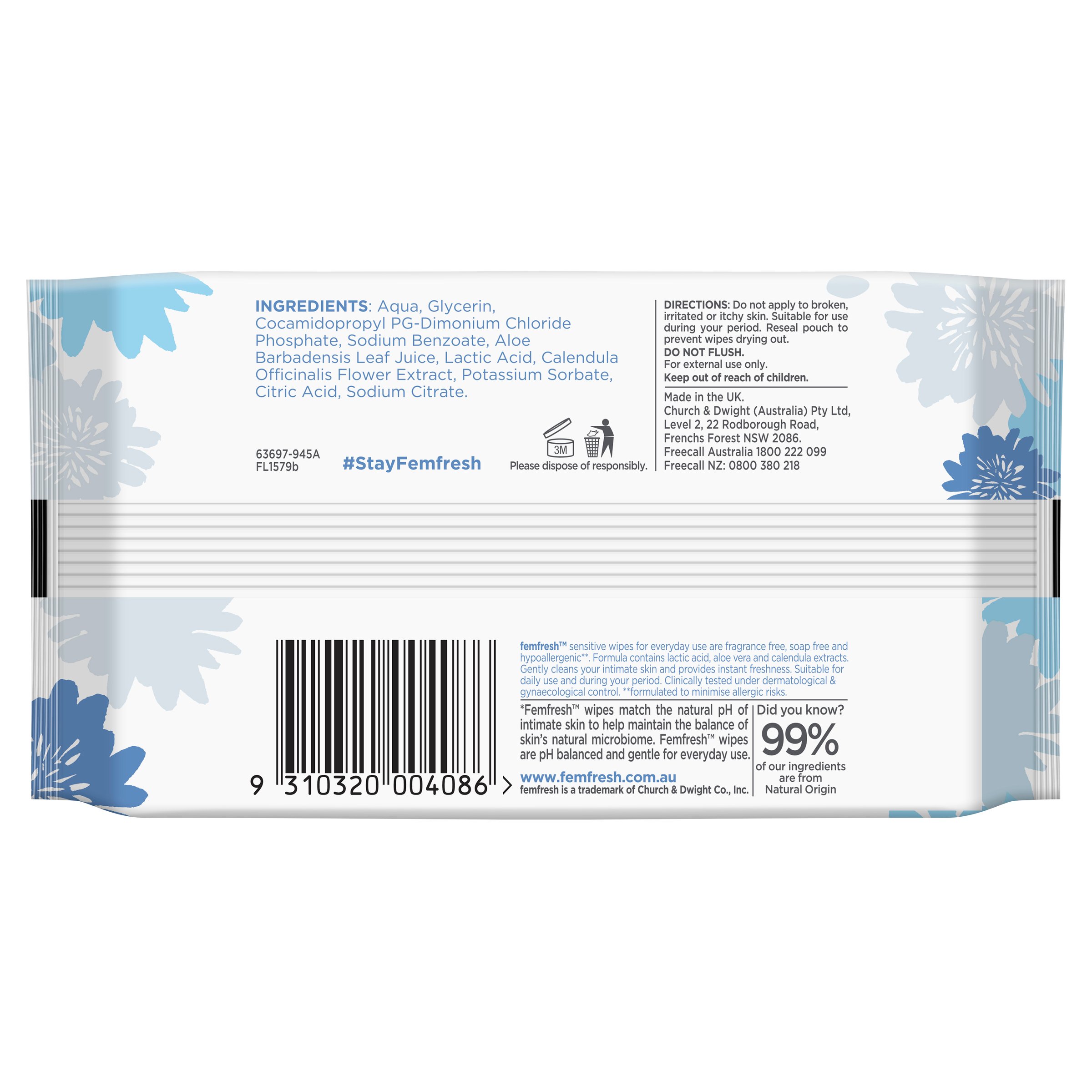 Femfresh Sensitive Wipes 20 pack - Image 2