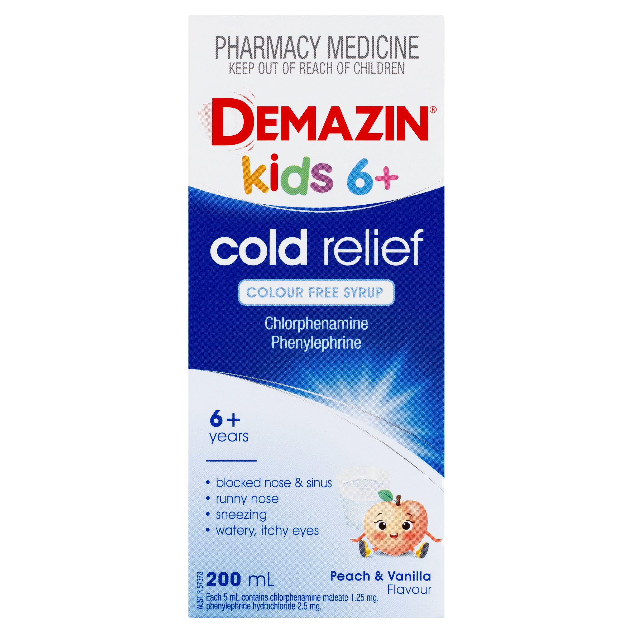 Demazin Kids 6+ Years Cold Relief Peach & Vanilla Flavour 200ml - Image 1