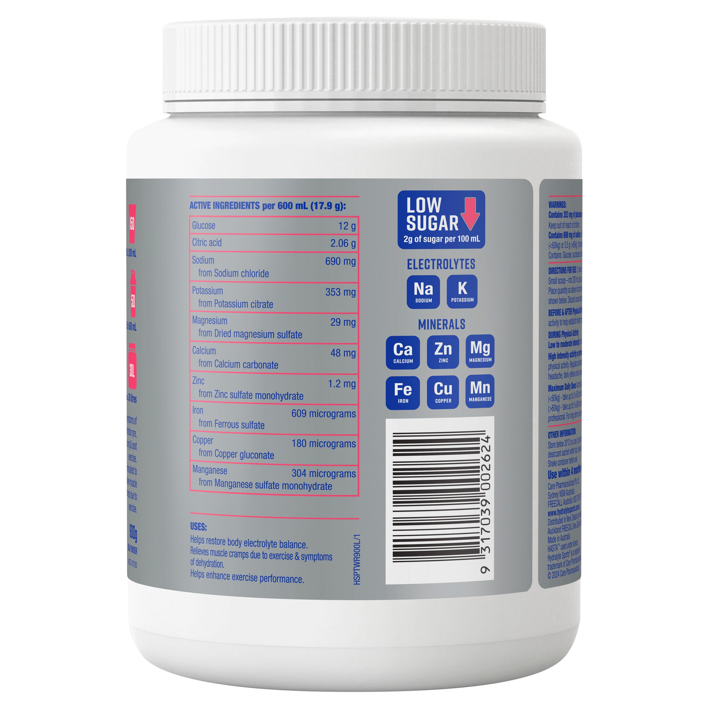Hydralyte Plus Sports Watermelon Rush Flavoured Powder Tub 900g - Image 3