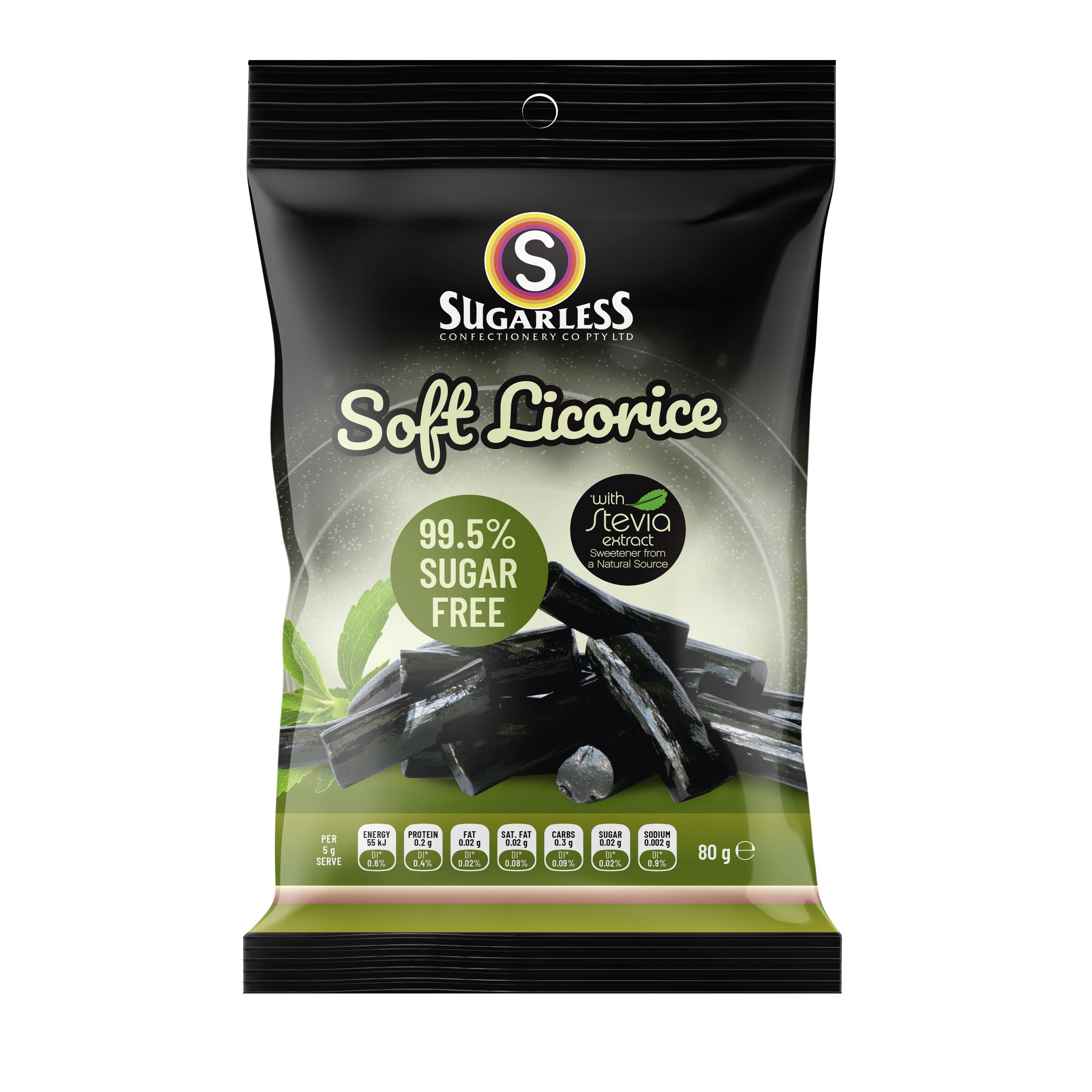 Sugarless Soft Licorice Pieces with Stevia 80g - Image 1