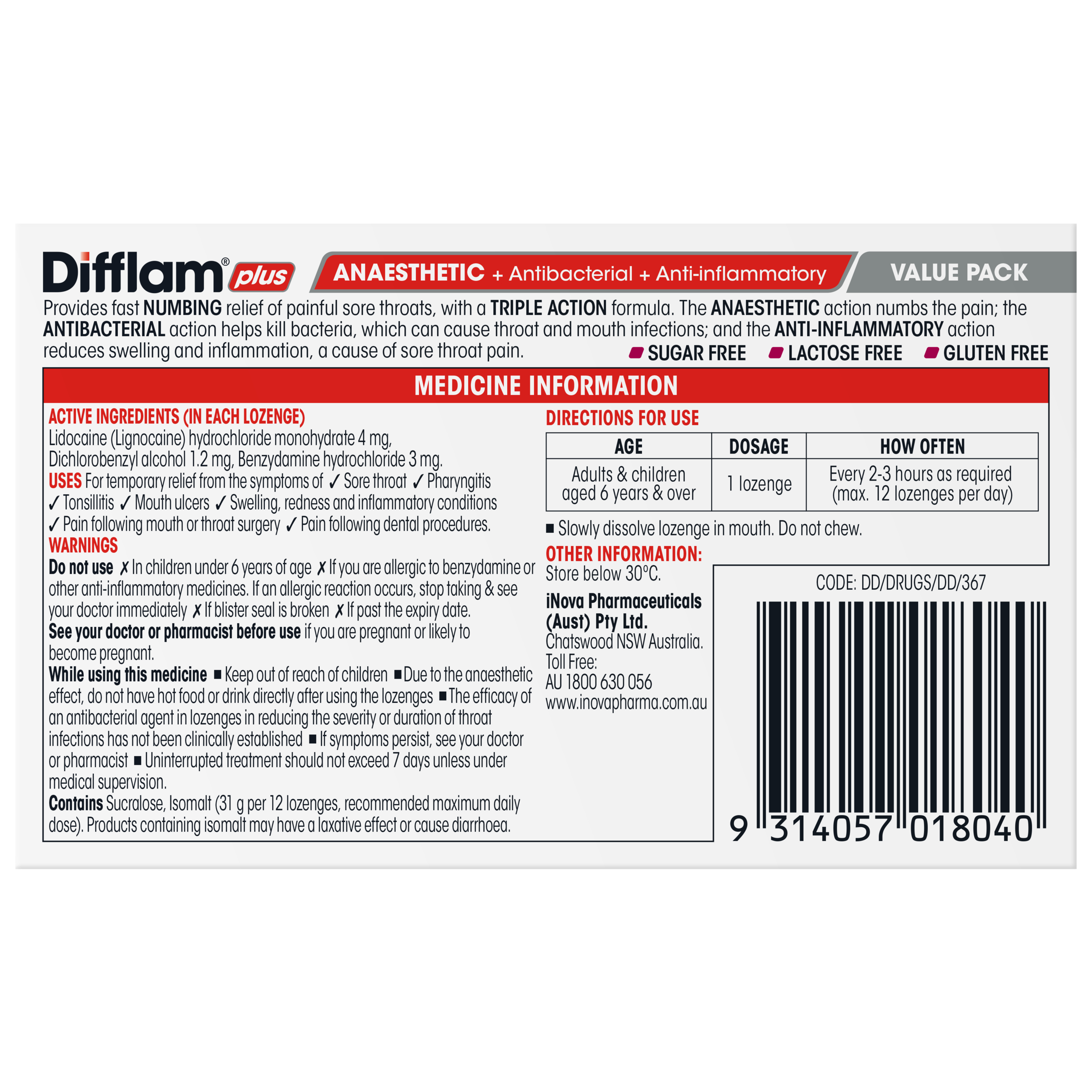 Difflam Plus Anaesthetic Triple Action Wild Berry 32 lozenges - Image 2