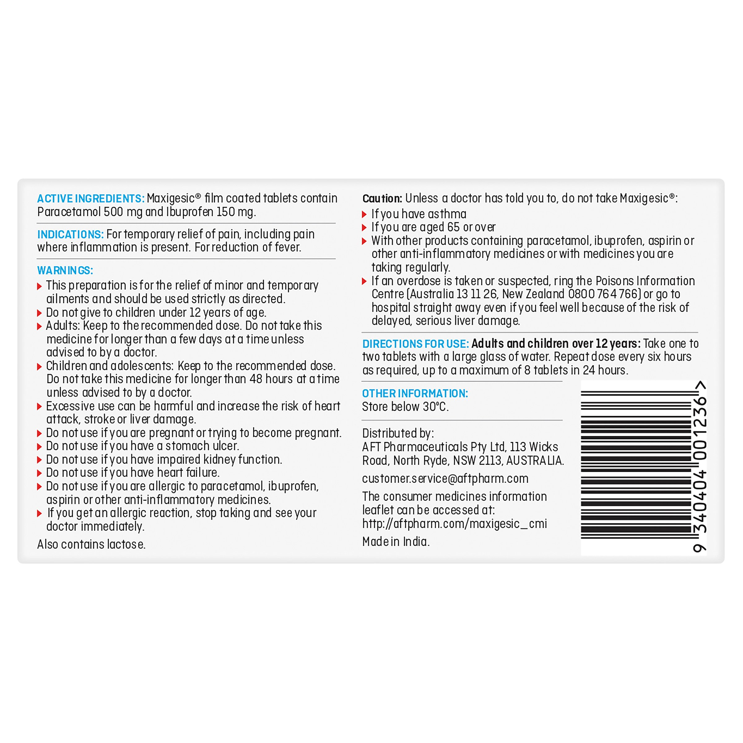 Maxigesic Paracetamol 500mg + Ibuprofen 150mg - 12 tablets - Image 2