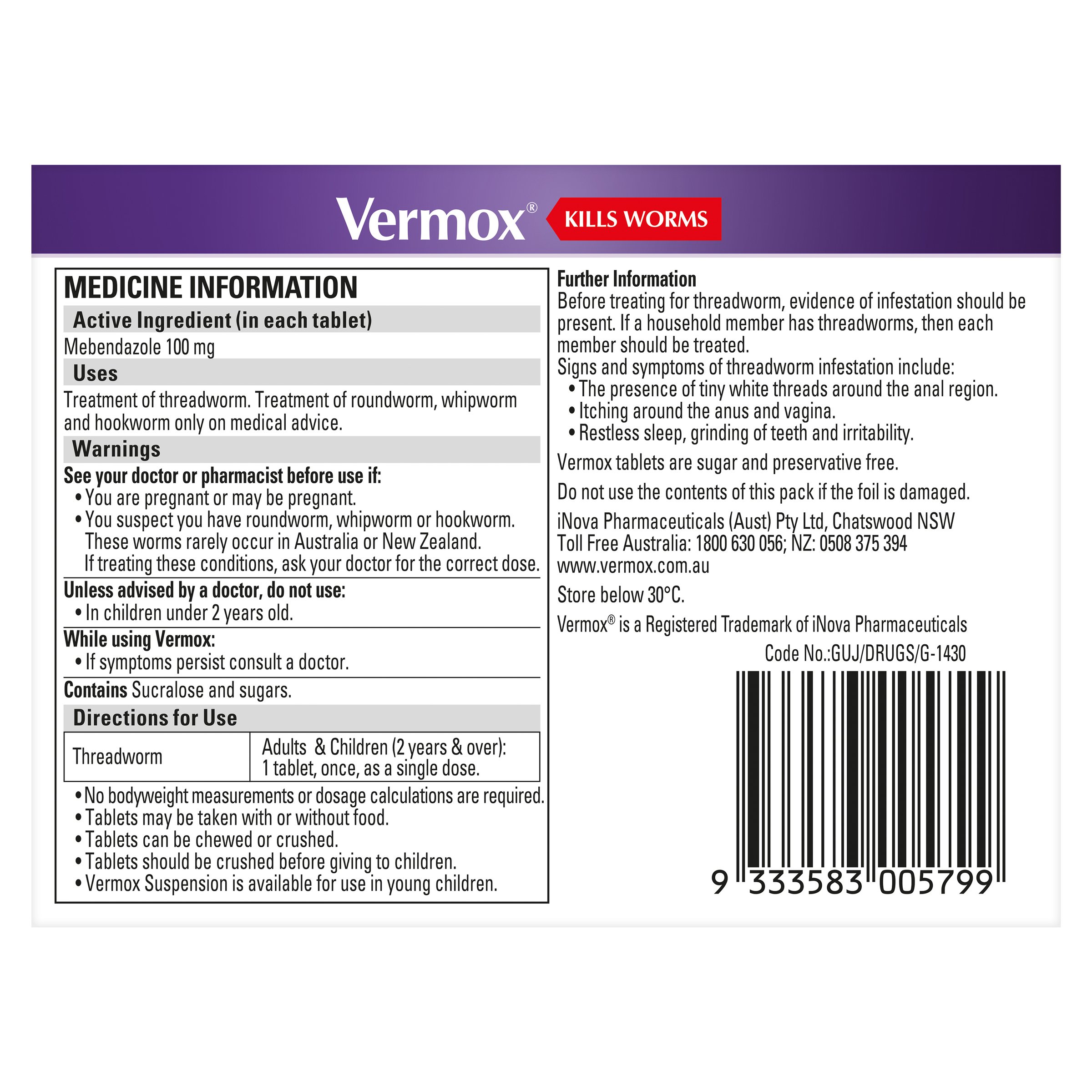Vermox Treatment For Threadworm Chocolate Flavoured Chewable 6 Tablets - Image 2