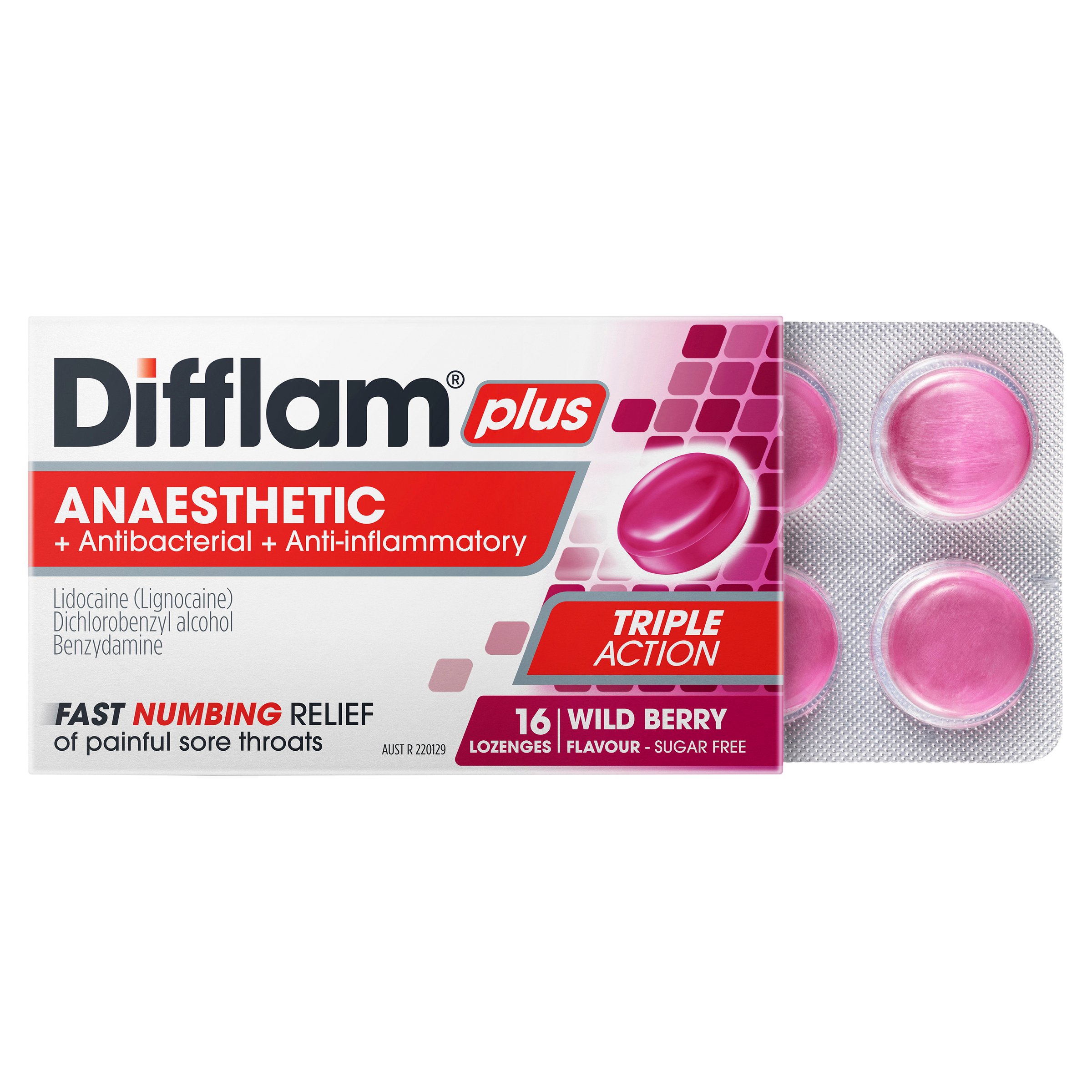 Difflam Plus Anaesthetic Triple Action Wild Berry 16 lozenges - Image 6