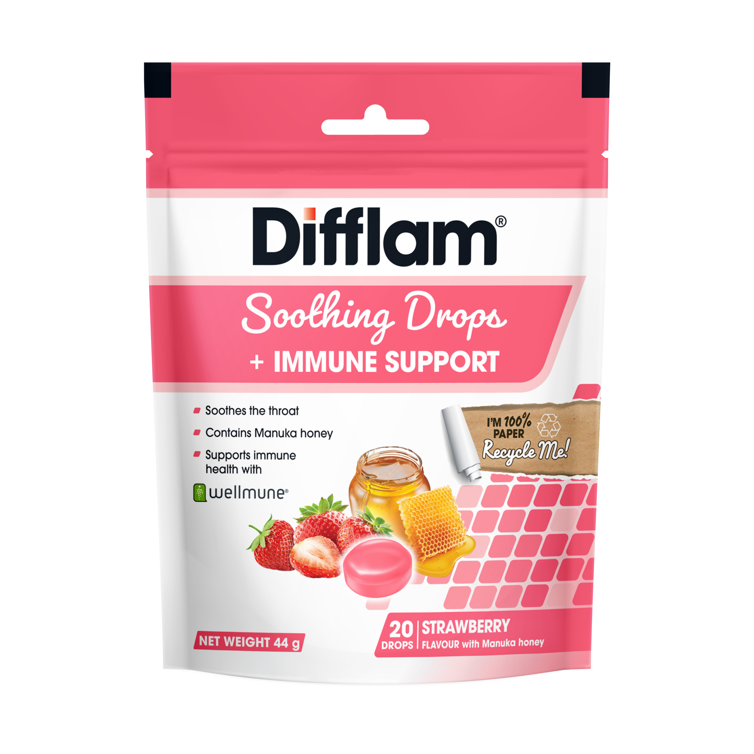 Difflam Soothing Drops + Immune Support Strawberry 20 lozenges - Image 1