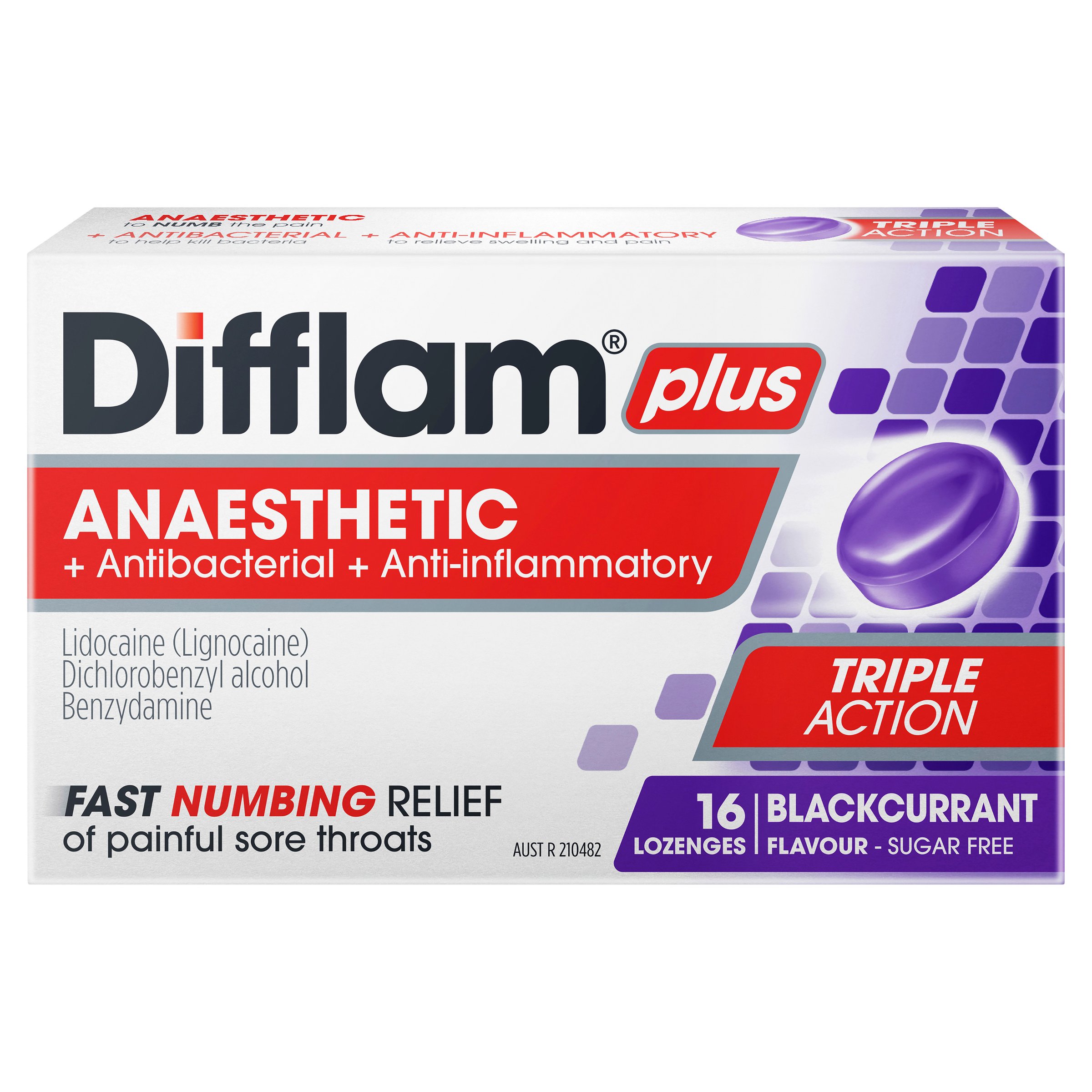 Difflam Plus Anaesthetic Triple Action Blackcurrant 16 lozenges - Image 1