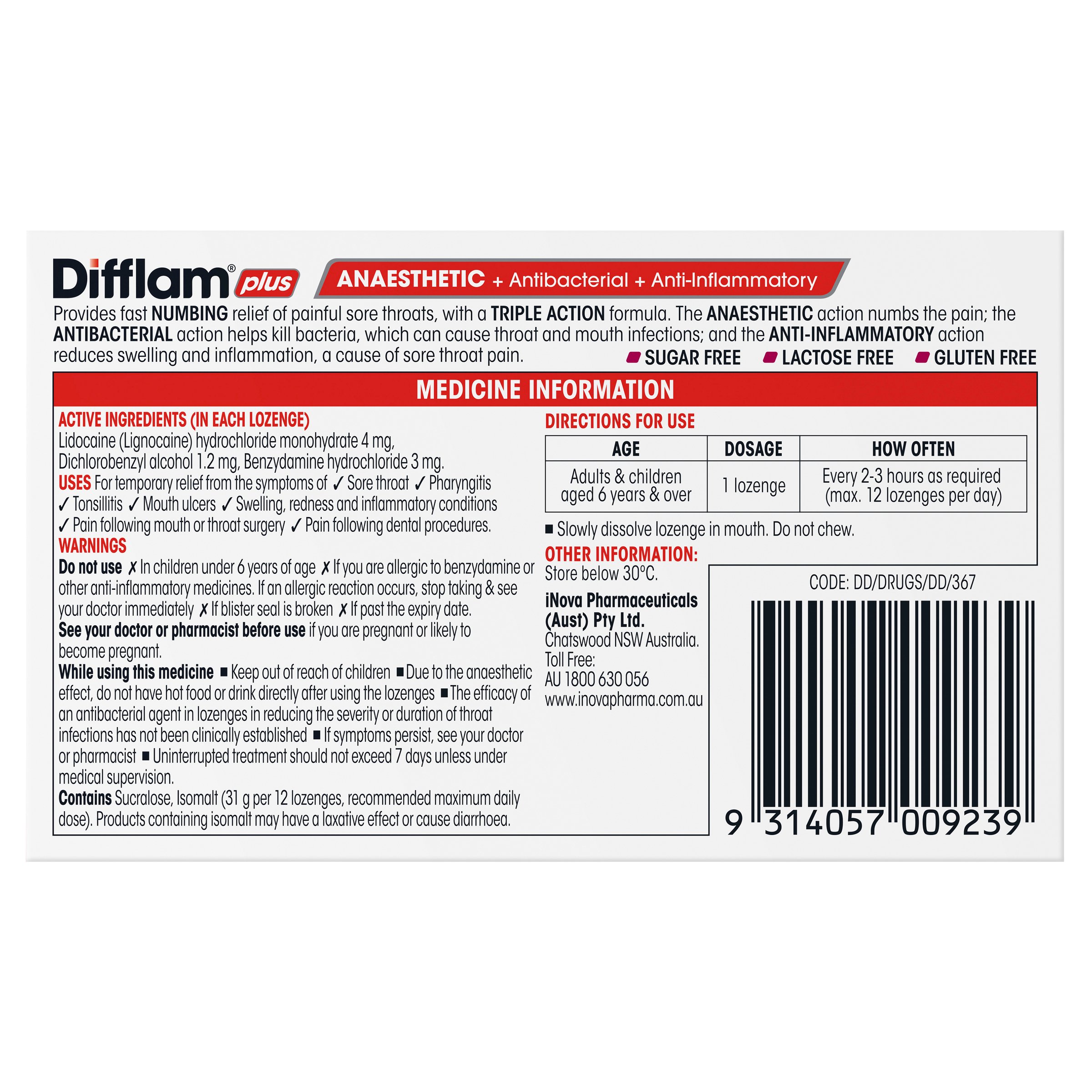 Difflam Plus Anaesthetic Triple Action Wild Berry 16 lozenges - Image 2