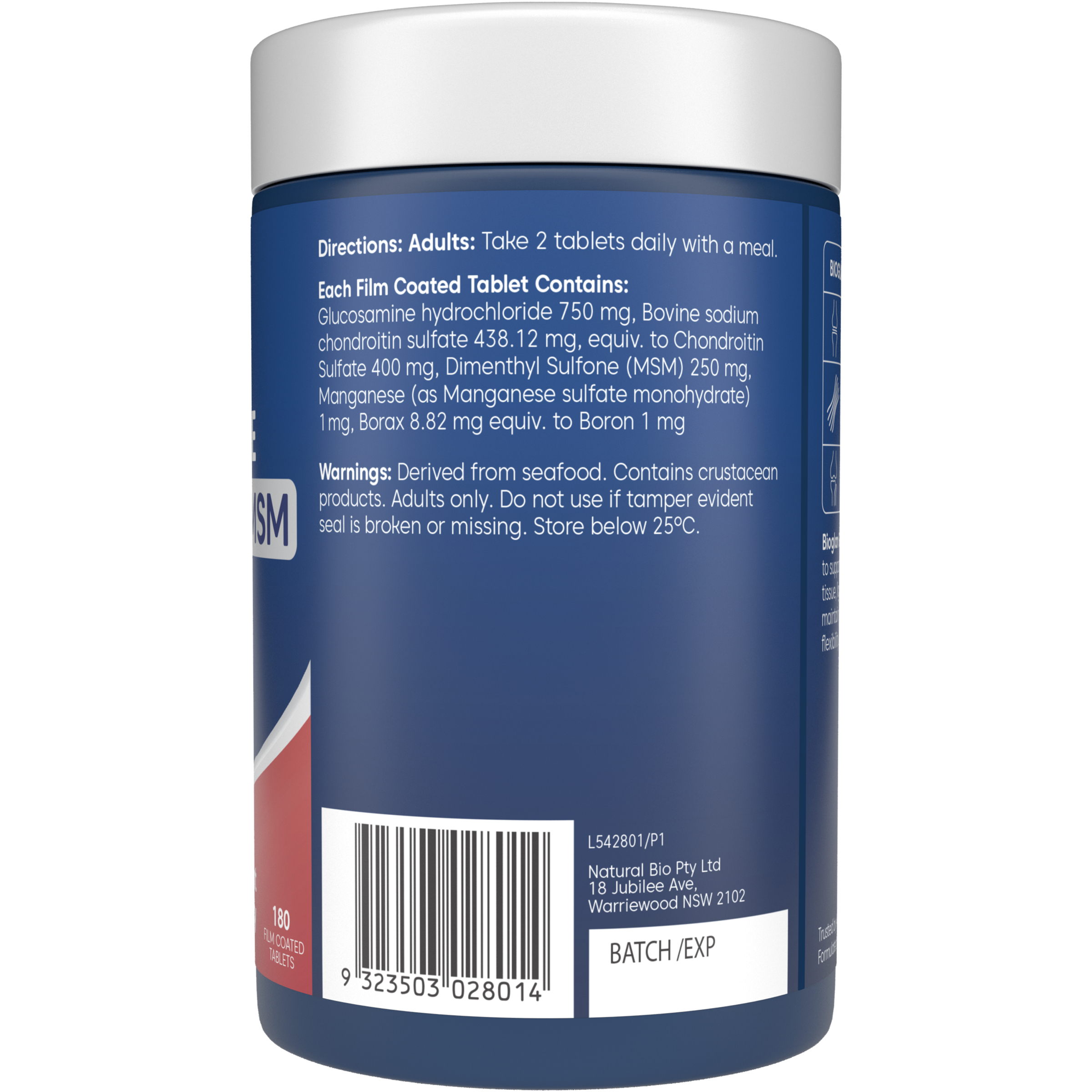 Bioglan Glucosamine + Chondroitin + MSM 180 tablets - Image 2